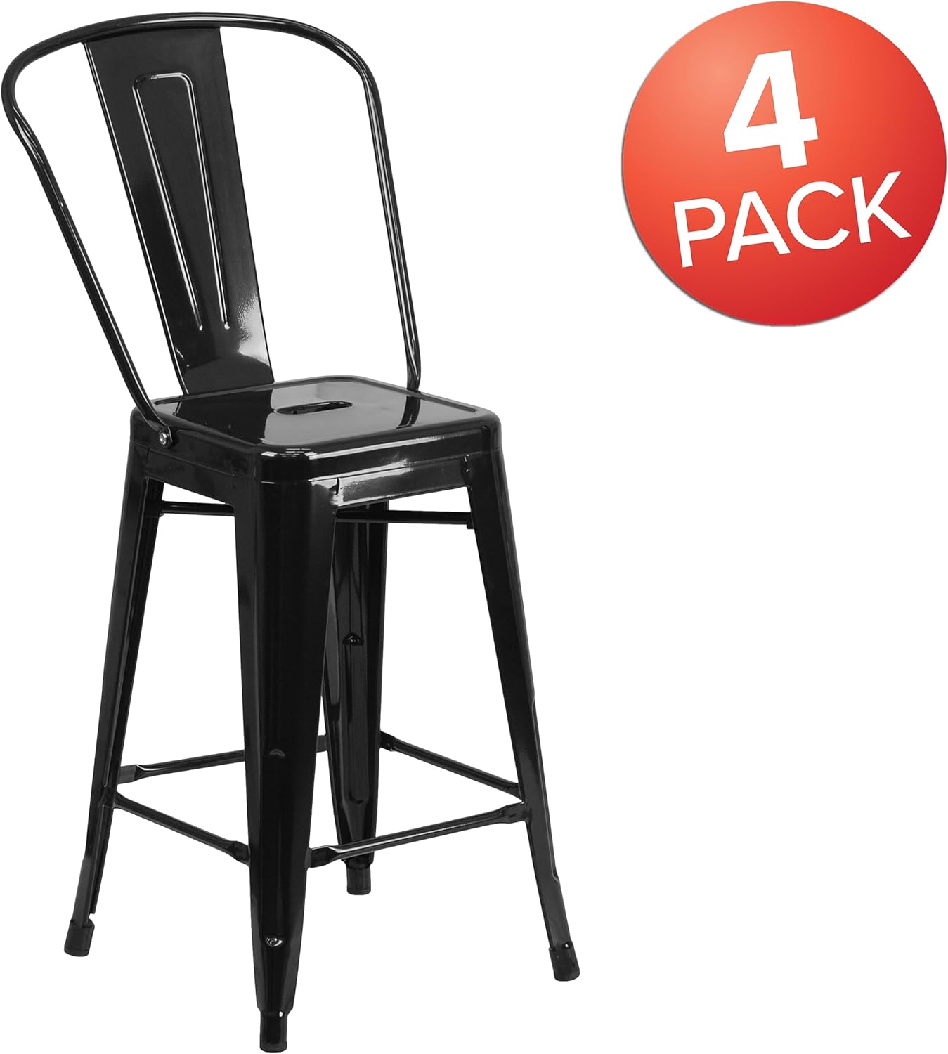 Flash Furniture Lily Commercial Grade 4 Pack 24" High Black Metal Indoor-Outdoor Counter Height Stool with Removable Back