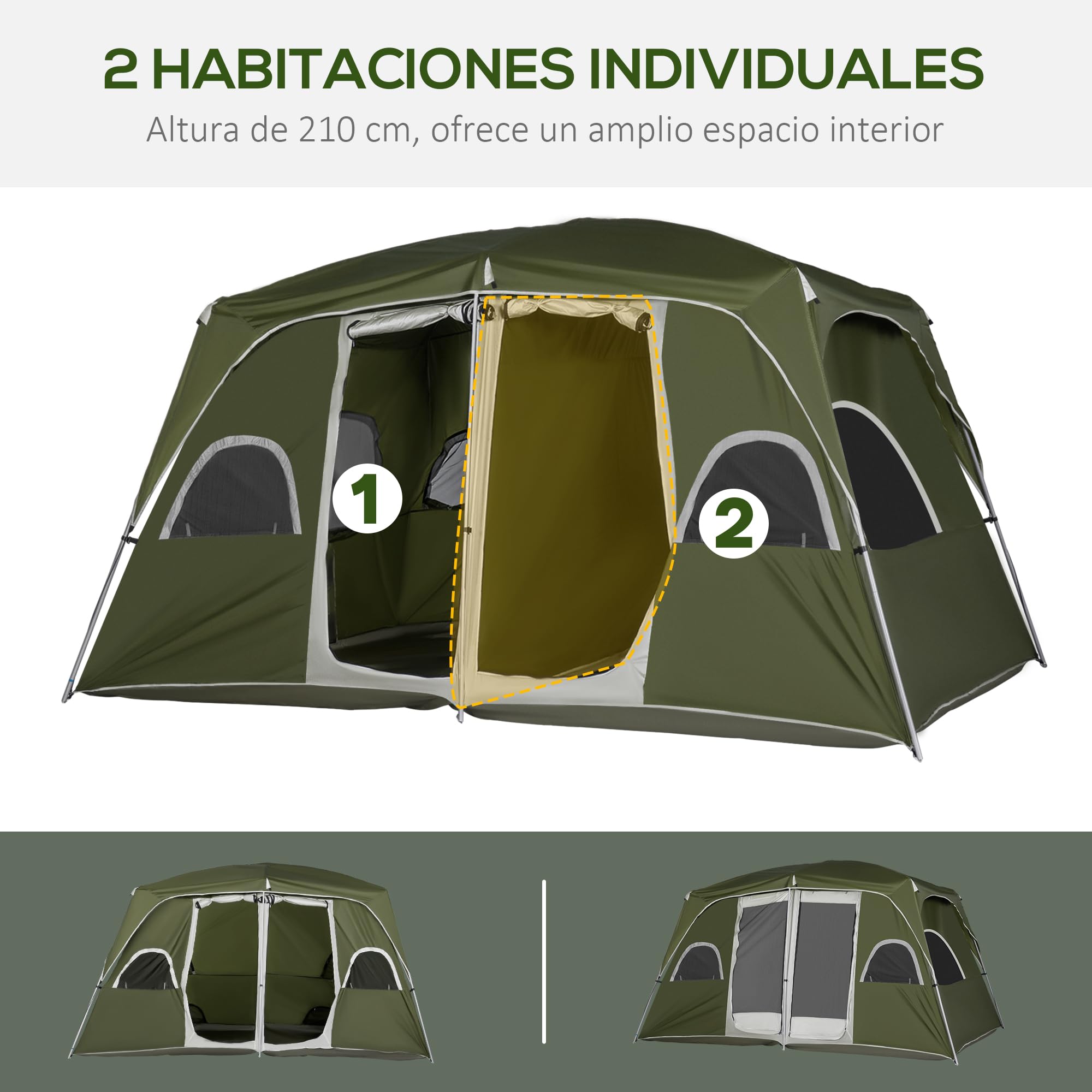 Outsunny Tienda de Campaña Familiar para 4-8 Personas con 2 Dormitorios Tienda de Camping Grande con 2 Bolsillos y Ventanas con Malla Impermeable 400x275x210 cm