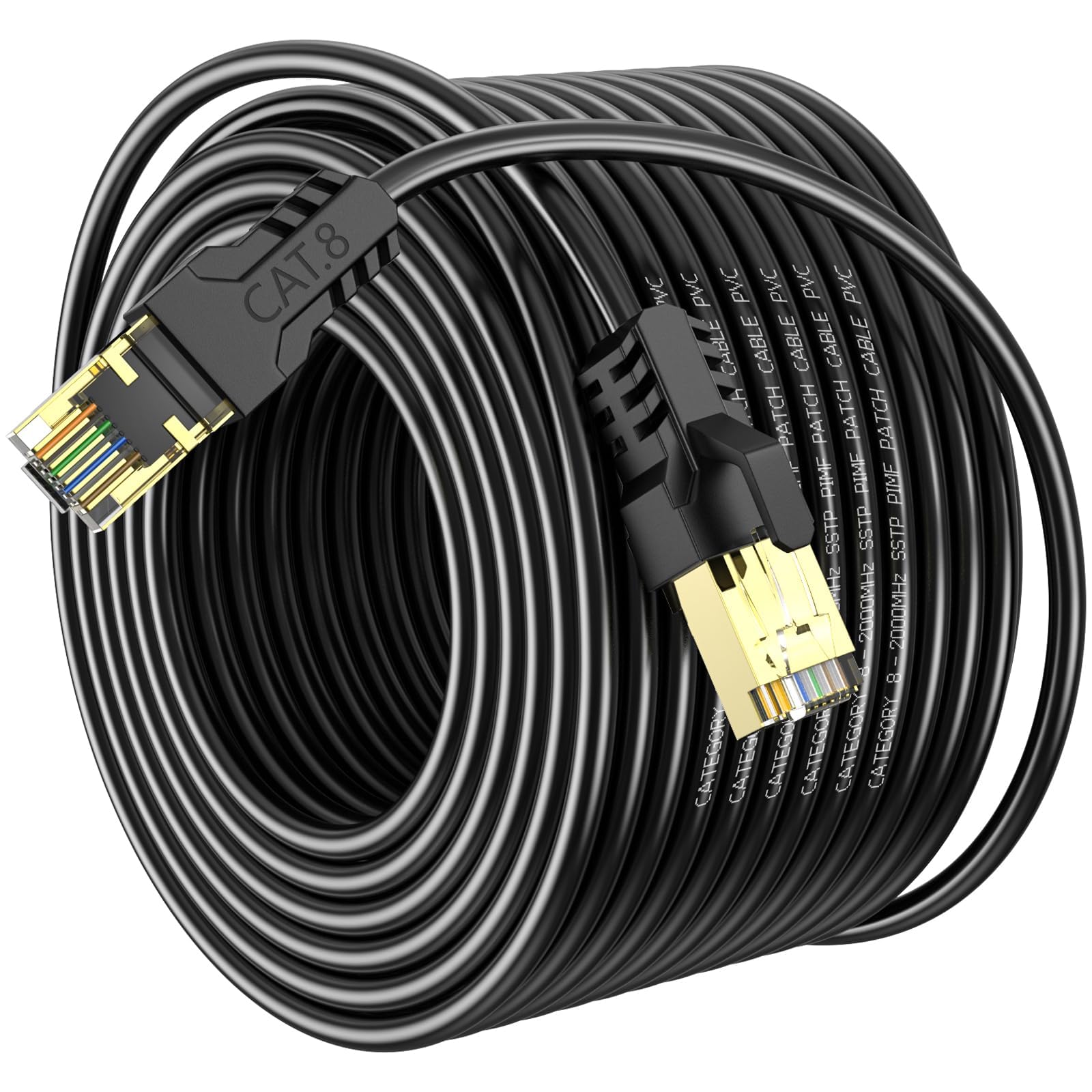 Câble Ethernet Cat 8 de 90 m, haut débit, 40 Gbit/s, 2000 MHz, 26 AWG, connecteur RJ45 plaqué or, pour extérieur et intérieur, pour/PC/modem/routeur/jeu, plus rapide que Cat7/Cat6/Cat5