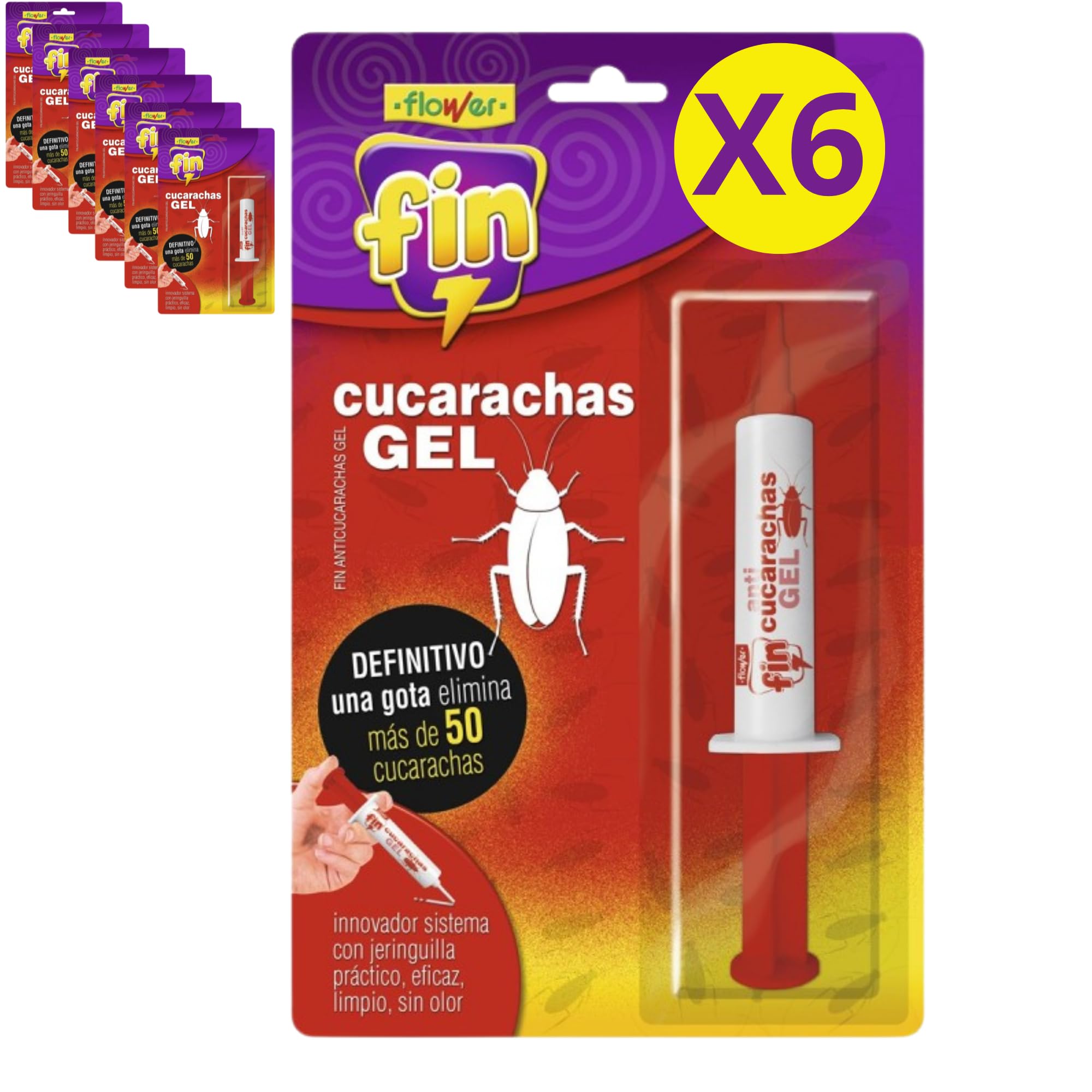 FLOWER x 6 Insecticida Anti Cucarachas Formato Jeringa 10 gr | Jeringuilla Anticucarachas Eficaz Elimina y Mata Cucaracha | Gel Atrayante y Duradero | Interior y Exterior | Aplicación Fácil y Segura