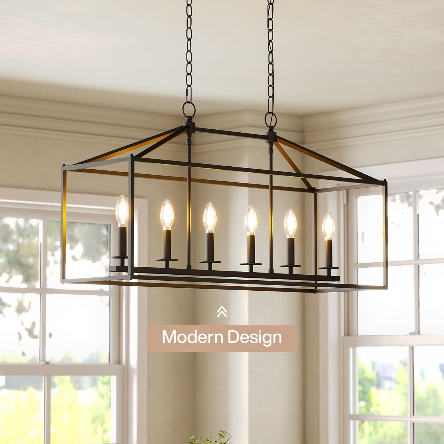 Tribesigns Farmhouse Dining Room Light Fixtures Over Table, 6-Light Candle Holder Kitchen Island Pendant Lighting, Industrial Linear Chandelier Pendant Lights with Adjustable Iron Chain, Black