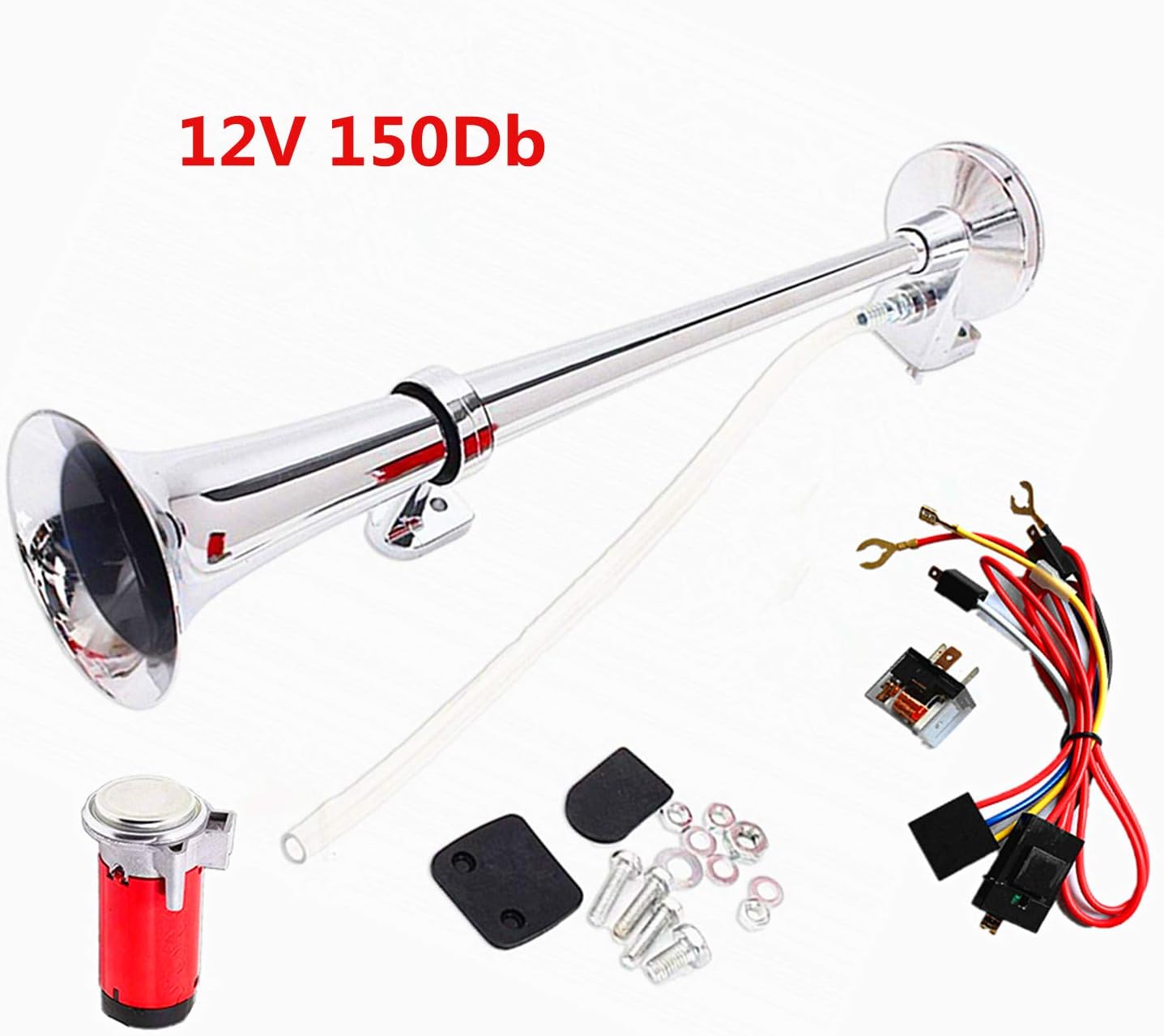 YIYDA Bocina de coche Bocina de camión 150DB Car Horn 450 mm Bocina de aire de coche Cromado Zinc Rojo Trompeta individual con compresor Bocina de coche alarma Bocina para 12V Moto Tren Barco etc
