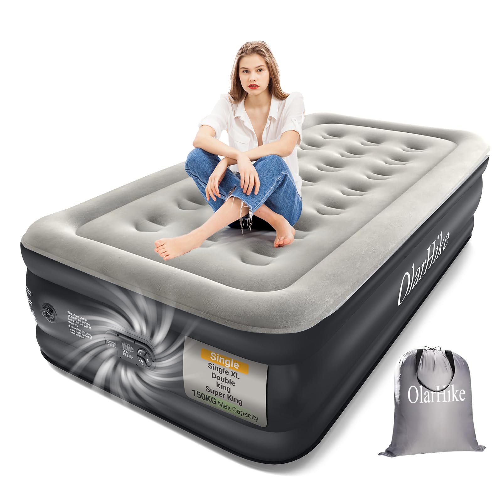 OlarHike Single Airbed, Inflatable Air Mattress with Built-in Pump, Blow Up Bed, Self Inflating Folding Guest Air bed with Flocked Surface For Camping & Home Use, 190cm L x 90cm W x 46cm H(Black)