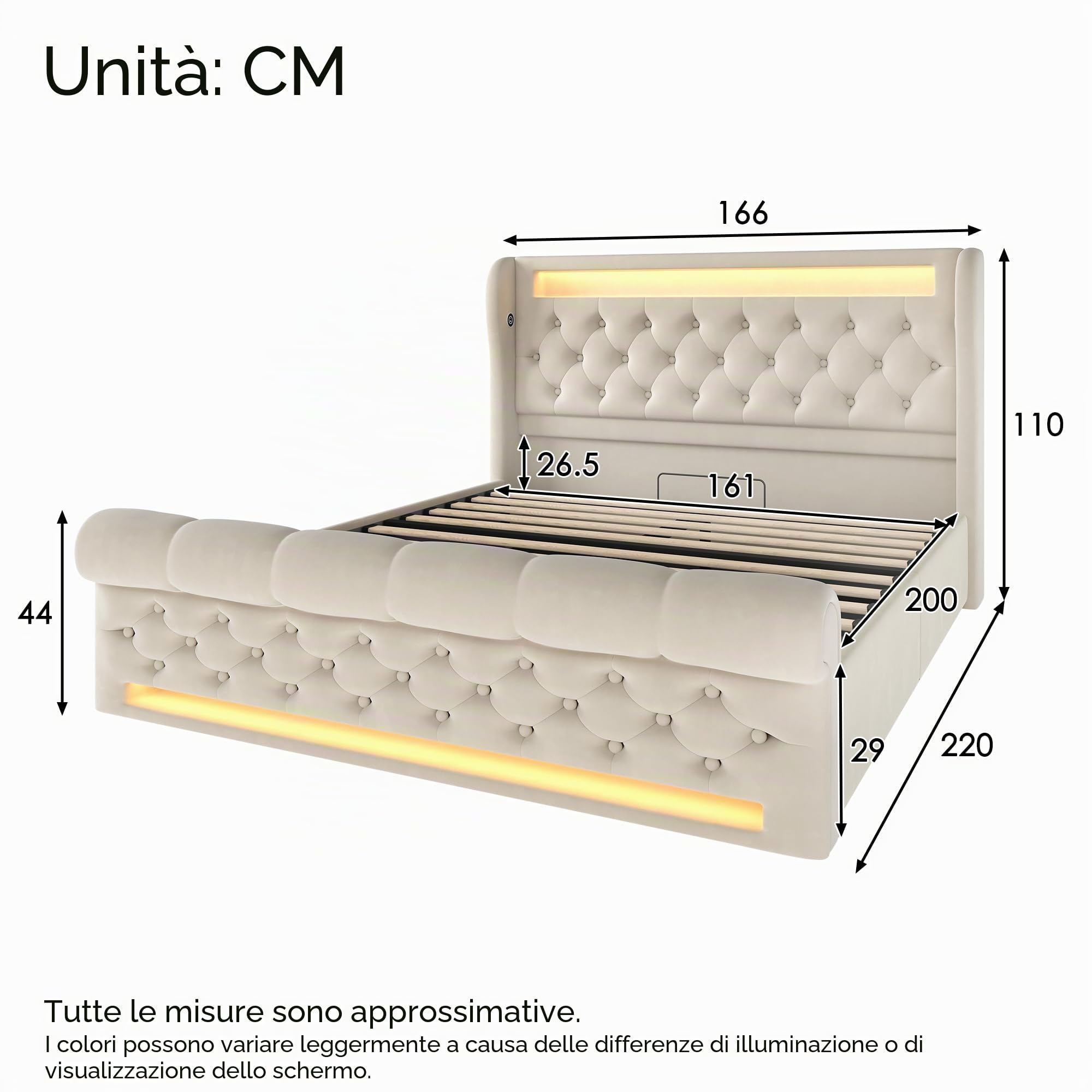 Letto Matrimoniale 160x200 con LED e USB, Letto Una Piazza e Mezza con contenitore idraulico e testiera, Letto Contenitore con doghe, Struttura Letto Matrimoniale in velluto Beige (Senza materasso)