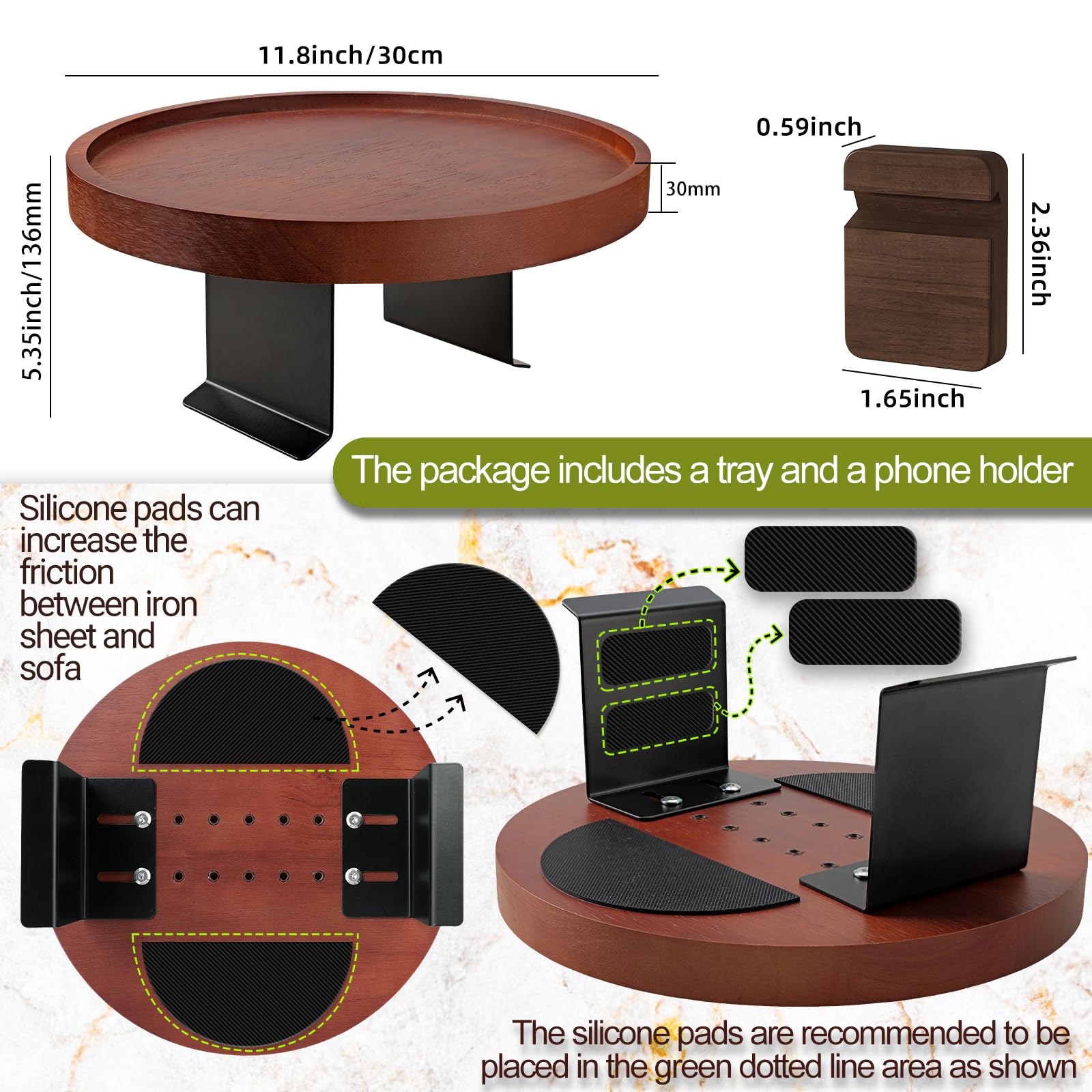 Juego de 2 mesas de madera natural para sofá, bandeja ajustable con clip para el brazo con soporte para teléfono, bandeja para brazo de sofá, mesa de brazo para sofás, bandeja redonda para