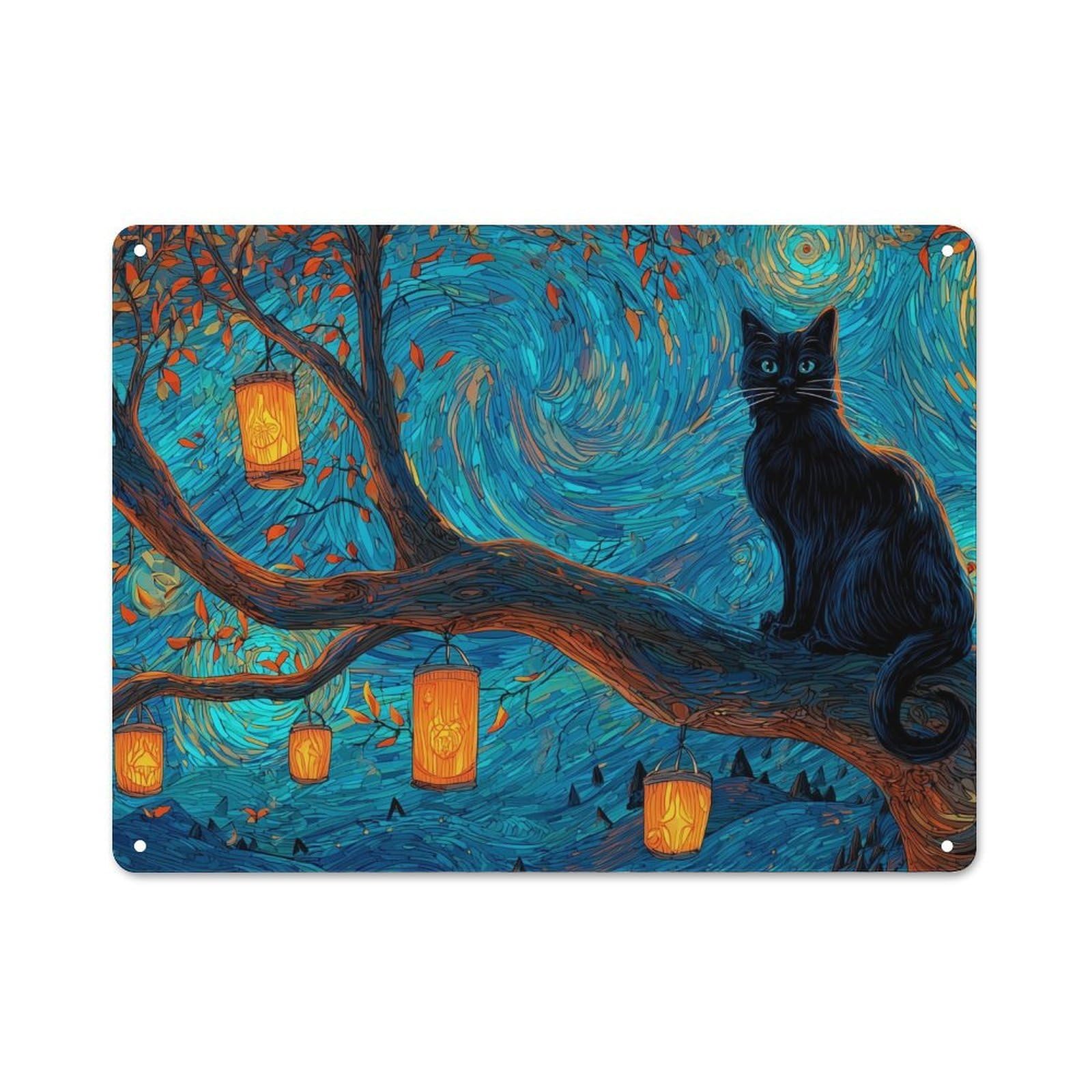 Junmoney Whimsical Night Lanterns With Cat Metal Sign 30X40cm, Vintage Bar Wall Plaque For Diner, Restaurant, Shed Or Kitchen
