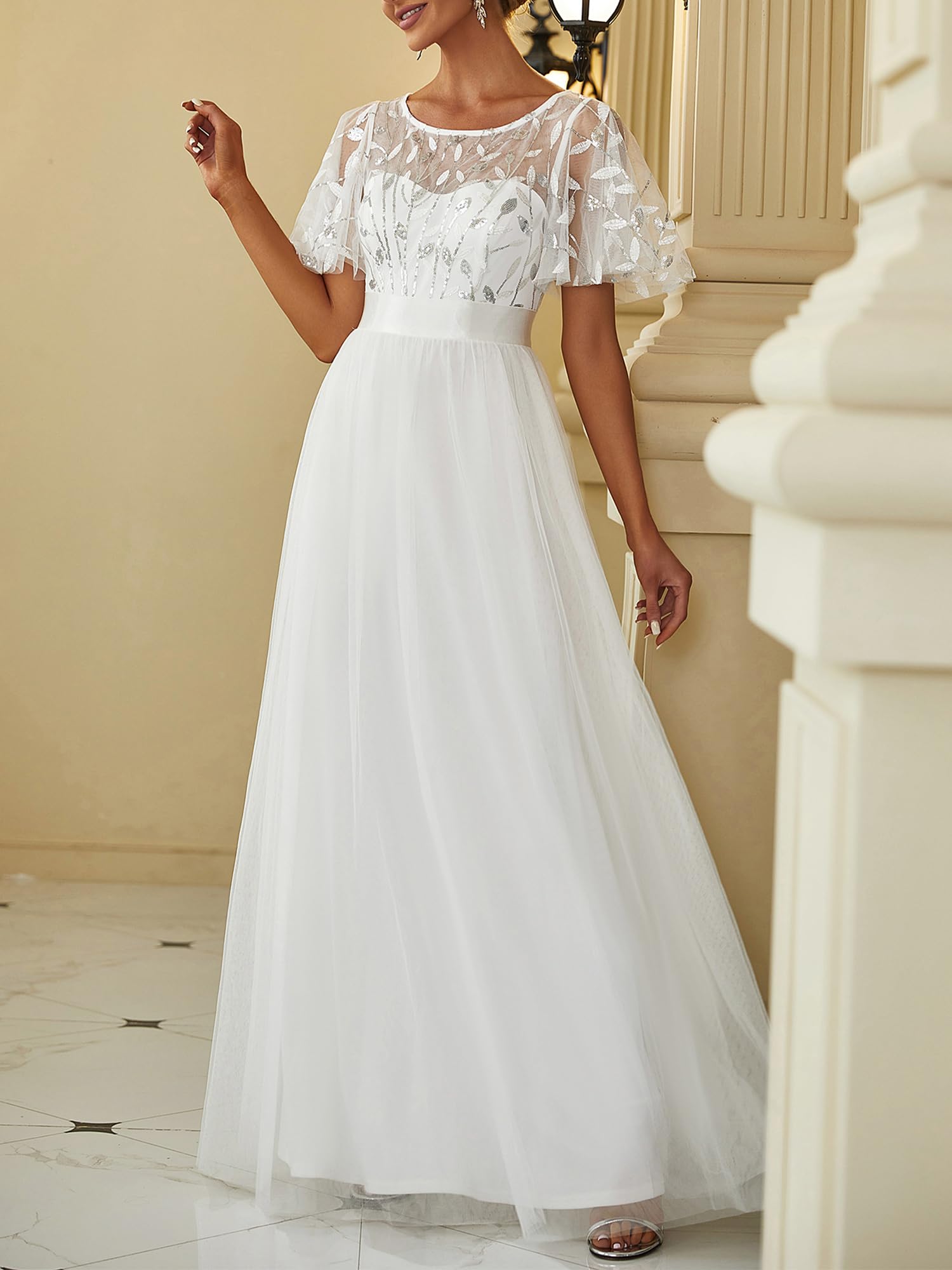 Ever-Pretty Abiti da Cerimonia Stile Impero Maniche Corte Linea ad A Elegante Scollo a Rotondo Donna Tulle 00904