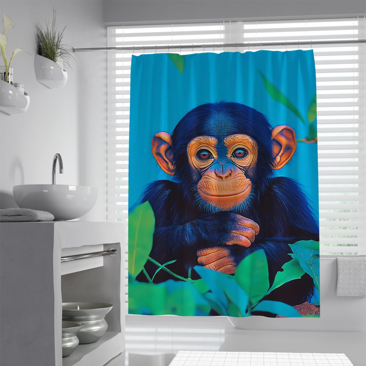 UIRINGART Cute Monkey Shower Curtain W120xL180cm Quick Dry Anti Mould Blue Ape Jungle Leaves Pattern Fabric Bathroom Screen Rustproof Grommets Tub Liners