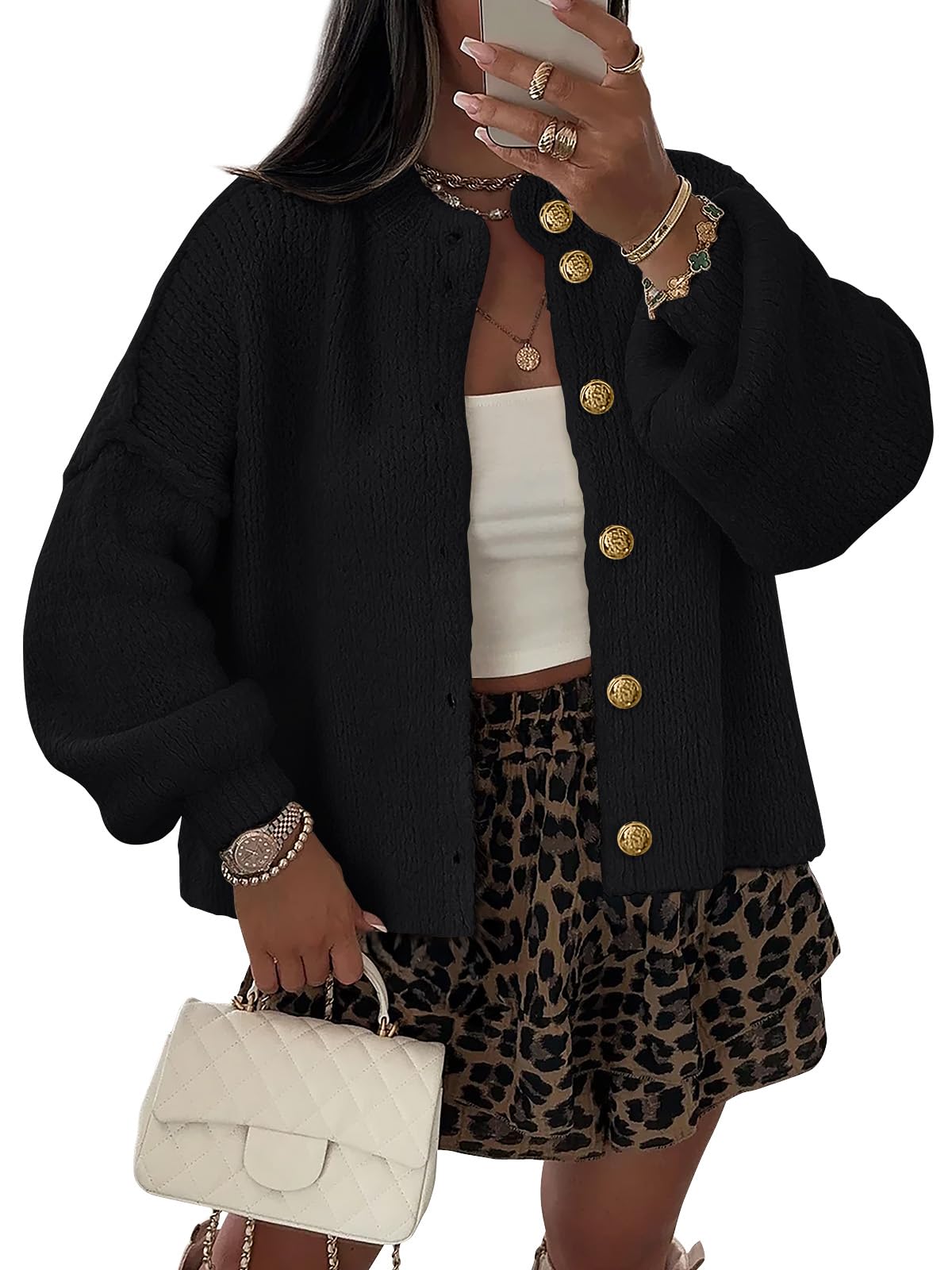 LILLUSORY Women Chunky Cropped Oversized Cardigan Sweater Fall Cozy Outfit Fashion Clothes Winter Trendy 2025 Button Coat
