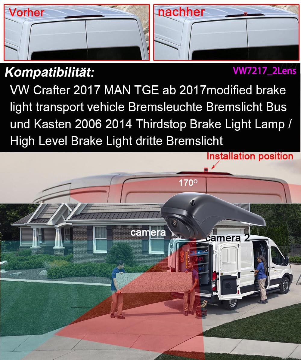 Podwójna kamera cofania + lusterko wsteczne LCD 7", trzecie światło hamowania, kamera cofania, dwie kamery obiektywowe do VW Crafter 2017 Man TGE od 2017 roku