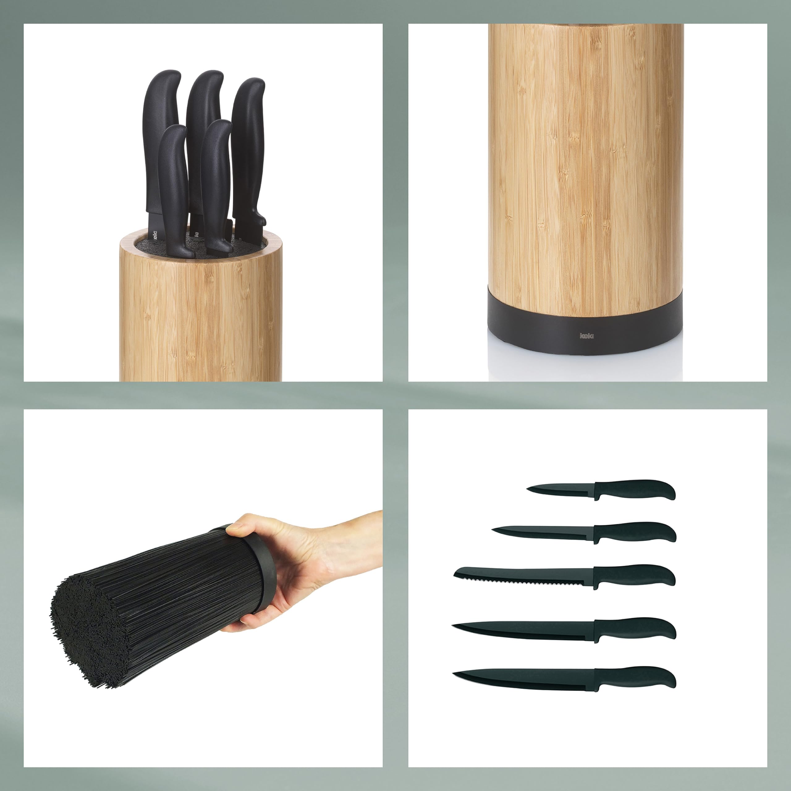 kela Bloque para cuchillos con juego de cuchillos ACIDA, 5 cuchillos, madera de bambú Soporte para cuchillos con inserto de cerdas, Ø 13 cm, negro
