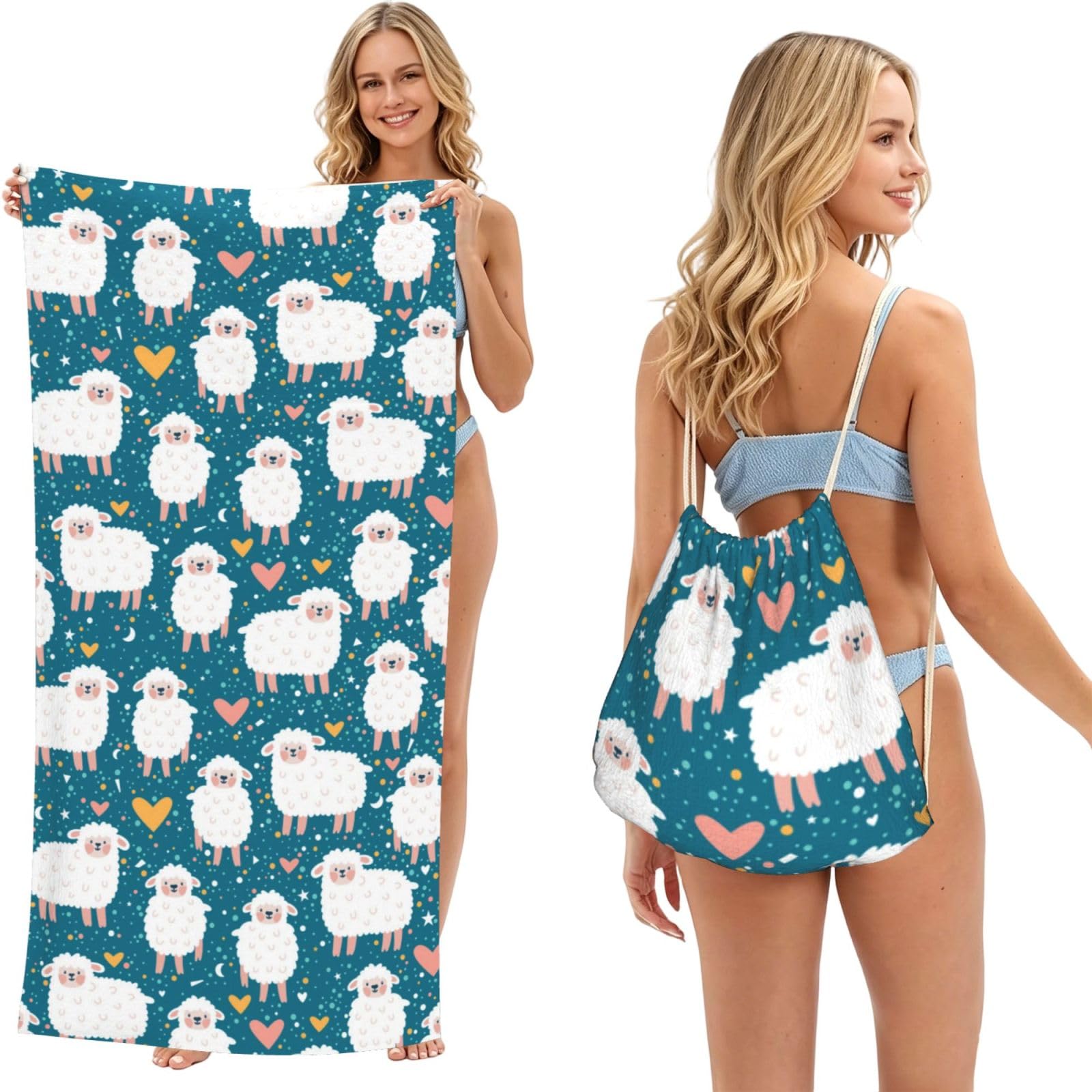 Poadnly As Picture Cute Sheep, 2 In 1 Packable Towel Bag, Beach Towels With Drawstring Backpack For Travel Holiday Camping