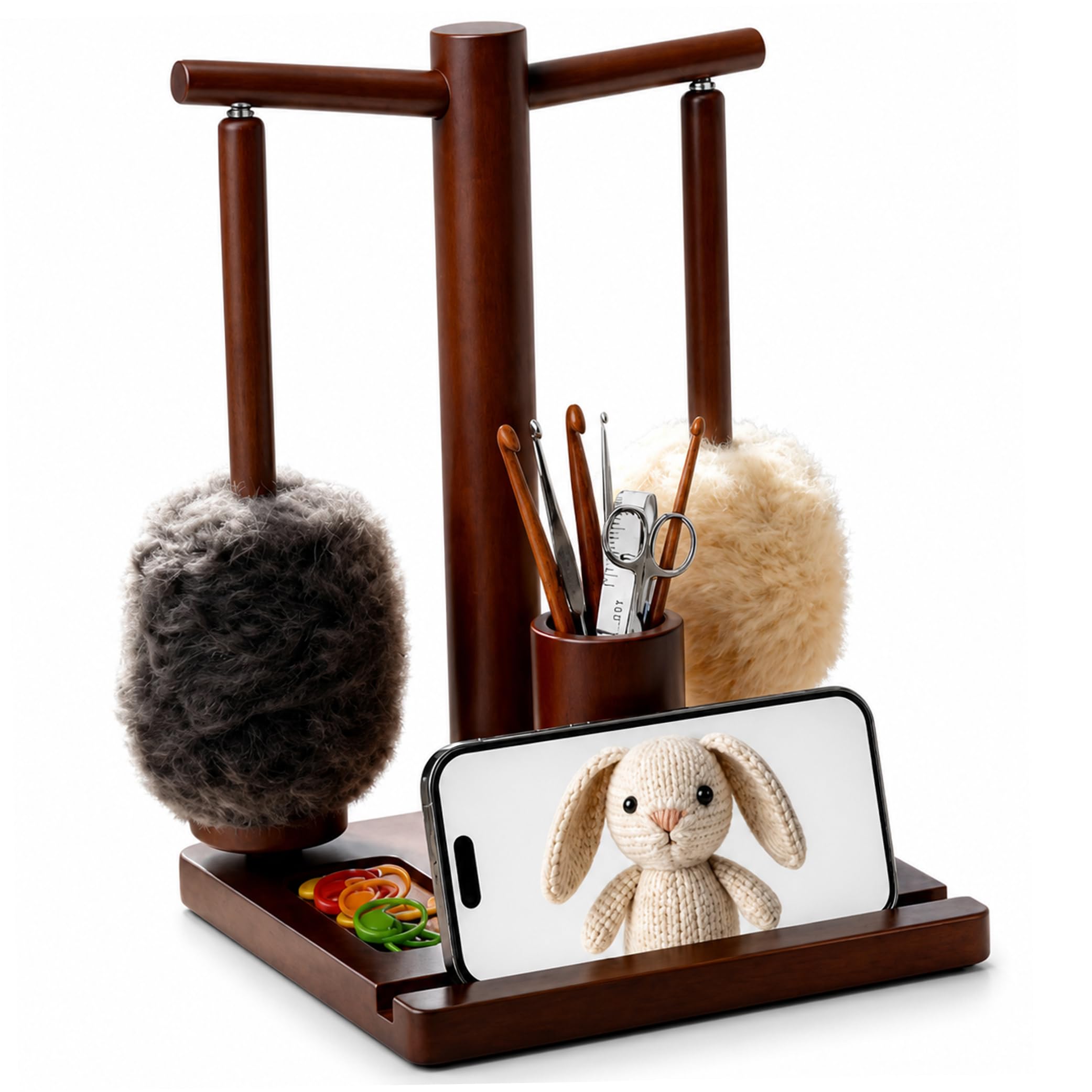 Nukinp Yarn Holder For Crocheting, Wooden Double Spindle Yarn Spinner With Built-in Storage, Brown