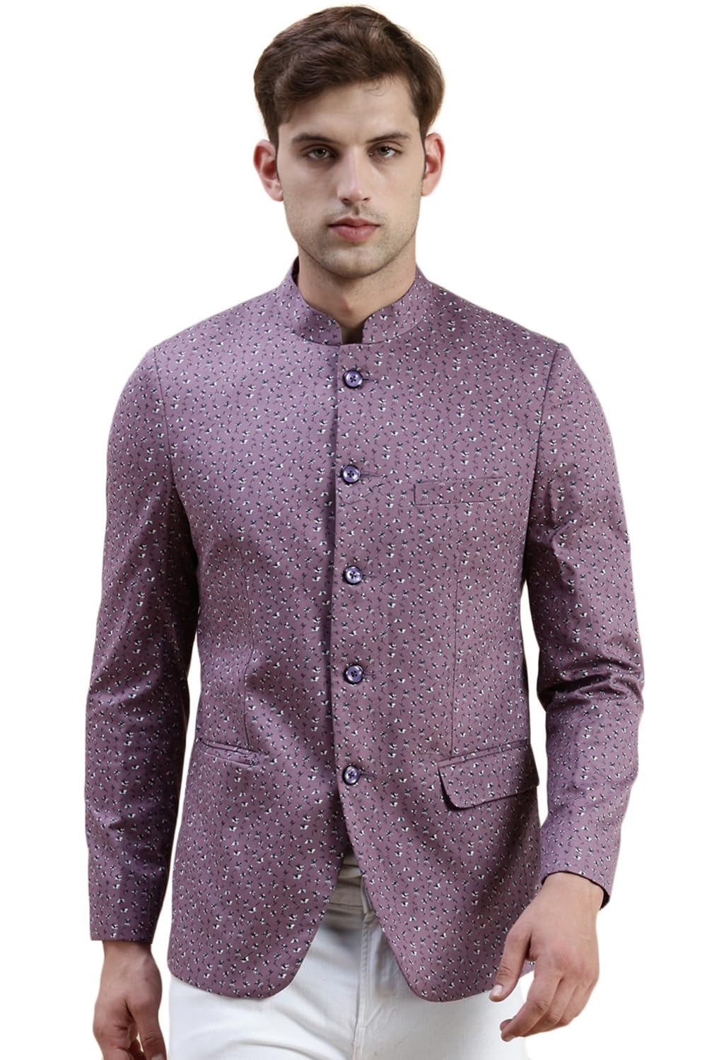 Men's Printed Slim Fit Mandarin Collar Lavender Bandhgala BlazerSOBLZ-029-1_Lavender-image-47