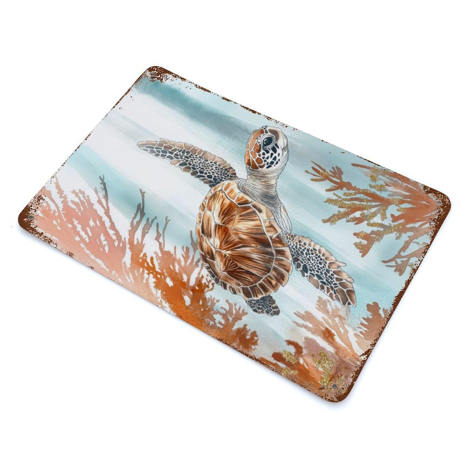 Distressed Metal Wall Sign Sea Turtle Watercolor 11.8"x7.9", Vintage Wall Decor for Garage, Bar And Workshop Decor