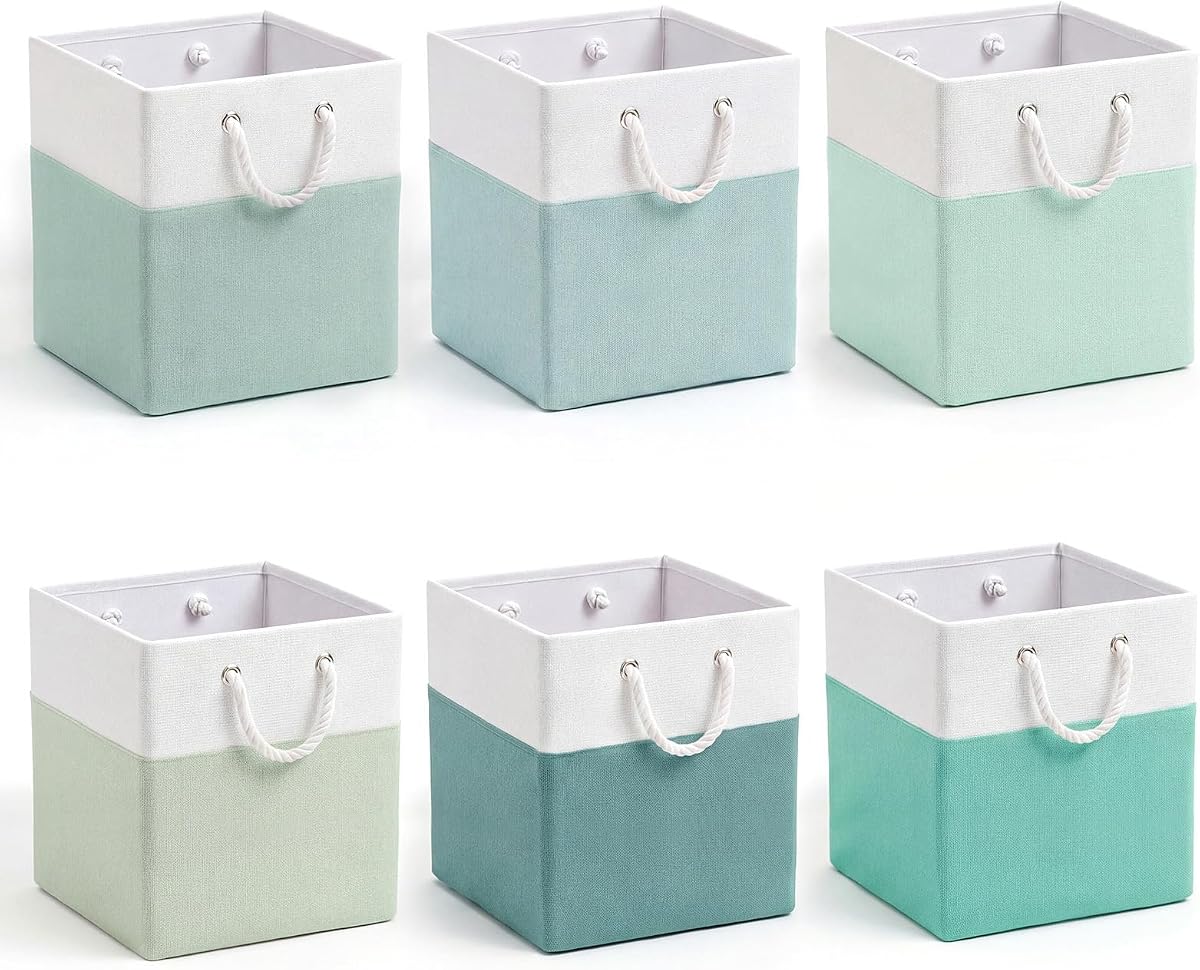 6 Pcs 11 x 11 Inch Light Green Cube Storage Bins Fabric Square Cube Baskets