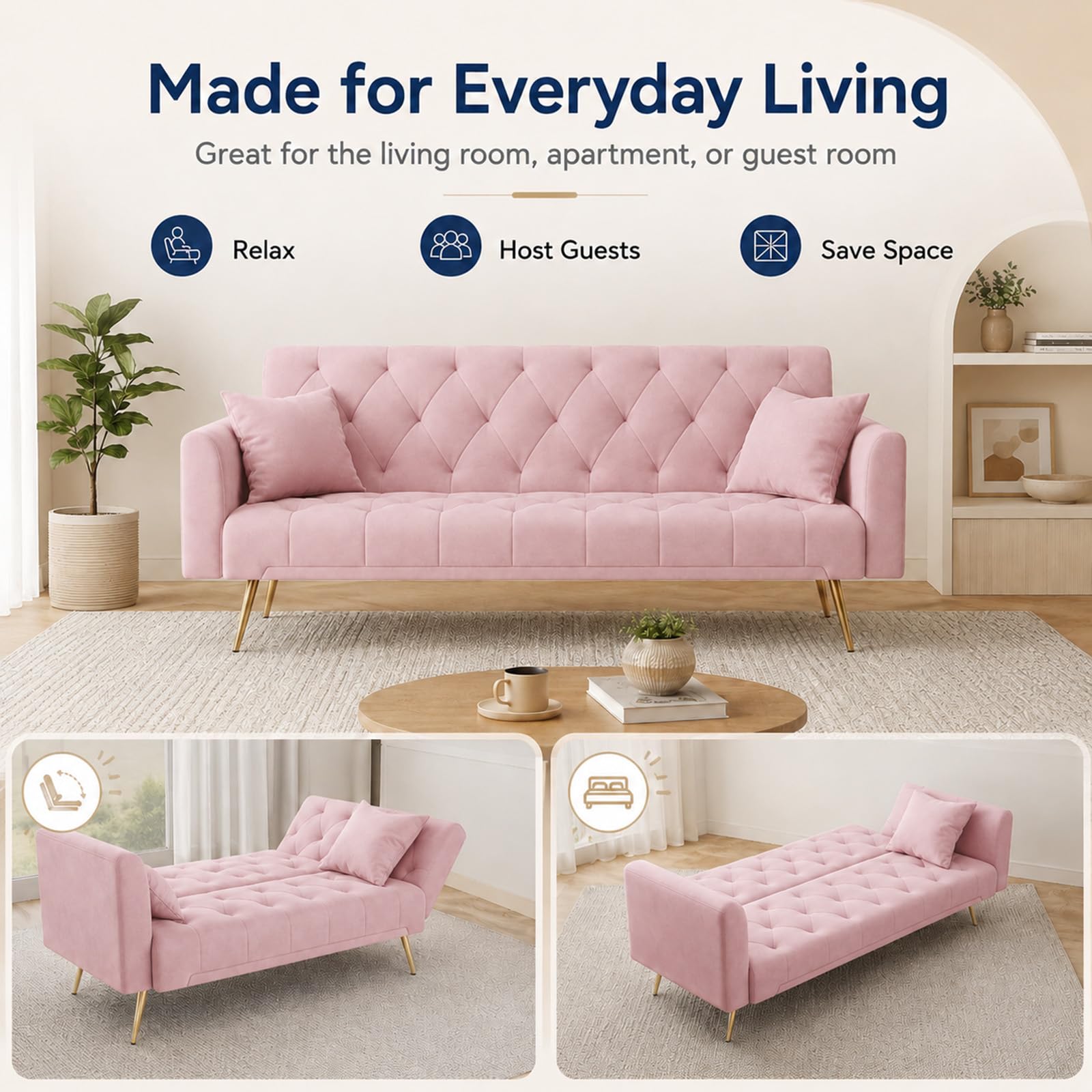 Majnesvon 71" Pink Futon Sofa Bed Couch: Velvet Fabric Memory Foam 2 Pillows Gold Metal Feet Adjustable Tufted Backrest, Convertible Folding Sleeper Loveseat for Living Room Bedroom Apartment (Pink)