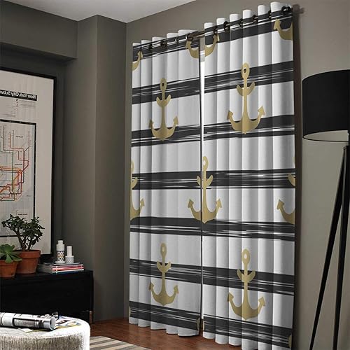 Miniatura 2 de Cortinas opacas con aislamiento térmico, diseño náutico con anclaje y rayas blancas y negras, con ojales de metal, cortina elegante para habitación,