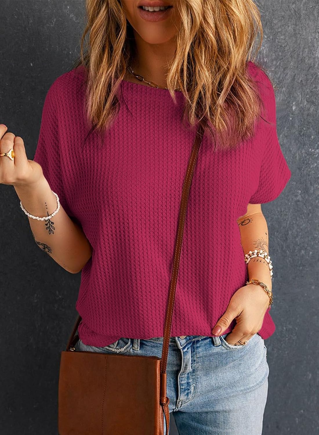 Dokotoo Women's Casual Boat Neck Short Sleeve Waffle Knit Shirts Loose Summer Tunic Tops Blouses - Image 5