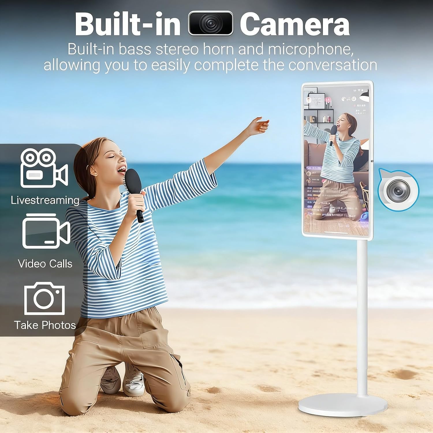 Portable Smart TV 24 Inch on Wheels, Wireless Touch Screen Monitor with Built-in Battery, Full Swivel Rotatable TV Stand for Indoor/Outdoor Use 8+128G