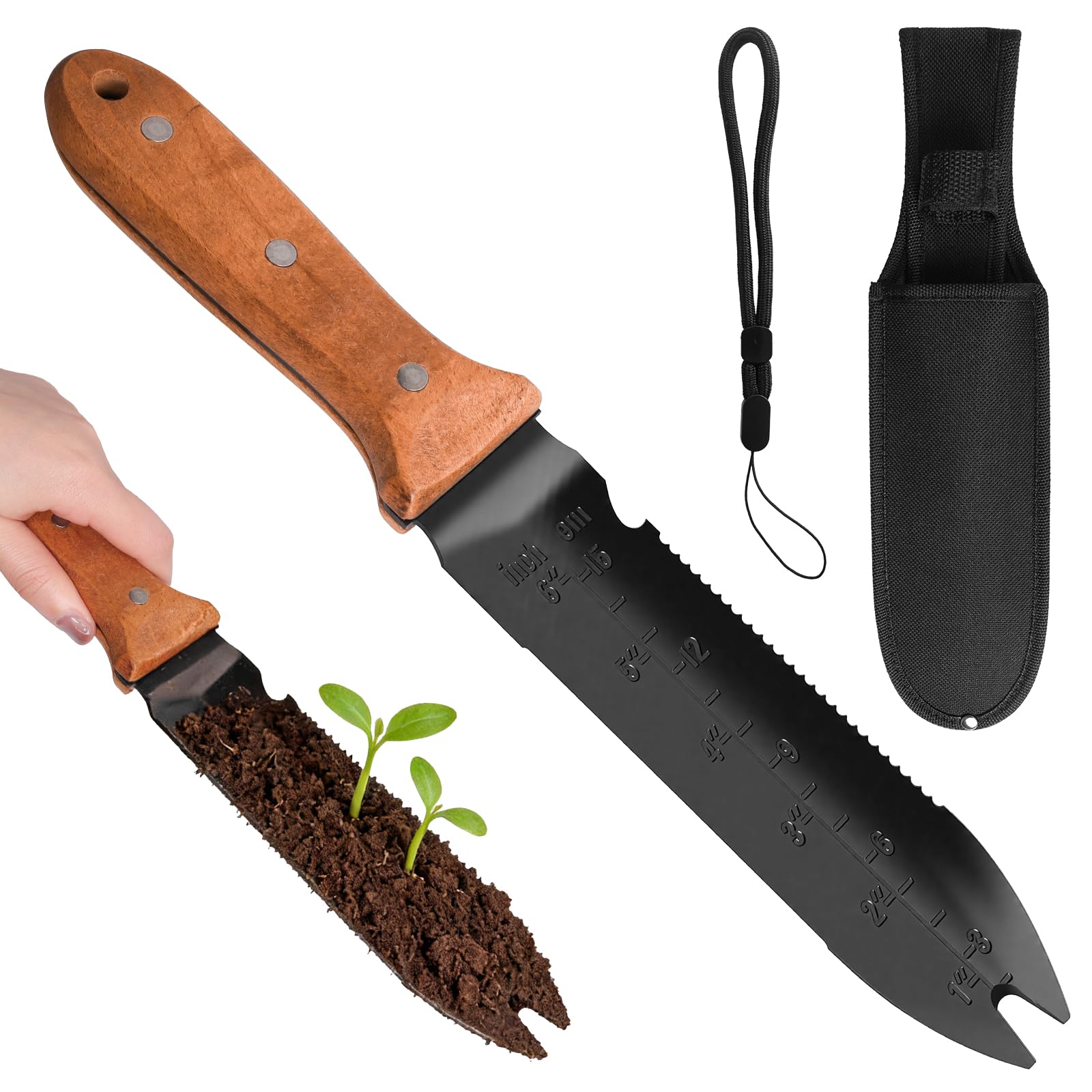 Hainue Hori Hori Gartenmesser, Wielofunkcyjny nóż ogrodowy ze stali nierdzewnej z osłoną z tkaniny Oxford, nóż do pracy w ogrodzie, pielenia, kopania, cięcia, sadzenia