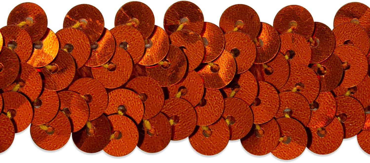 Trims by the Yard 2-Row Metallic Stretch Sequin Trim, 7/8-Inch Versatile Sequins for Crafts, Durable Sequins Trim for Sewing, 100-Yard Cut, Orange