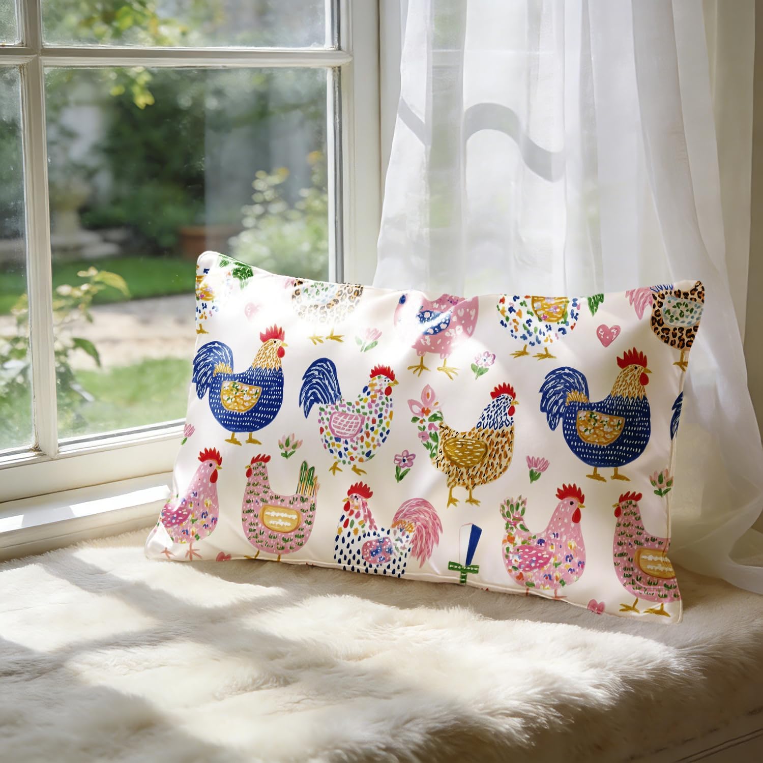 Colorful Rustic Chicken 20x30 Satin Silk Sleep Pillow Covers Case Queen Size for Sleeping Bed with Zipper,Chicken Kids Girls Bedroom Dorm Decor,Double-Sided(1 Pack)