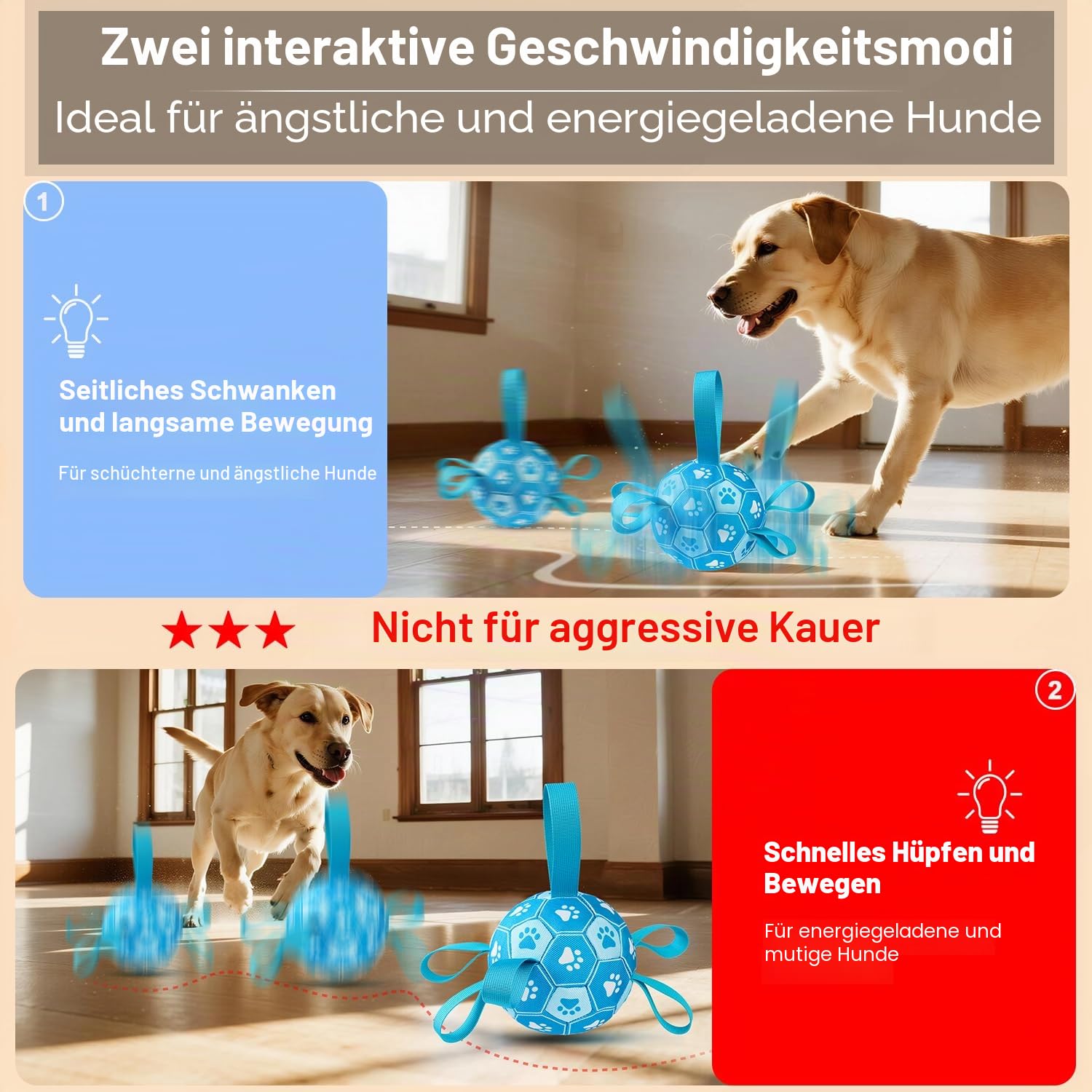 Interaktive Hundespielzeuge, Hundefußball zur Beschäftigung, haltbare automatisch bewegende und springende Hundebälle mit Gurten für kleine/mittlere/große Hunde, USB-aufladbar(Blau)