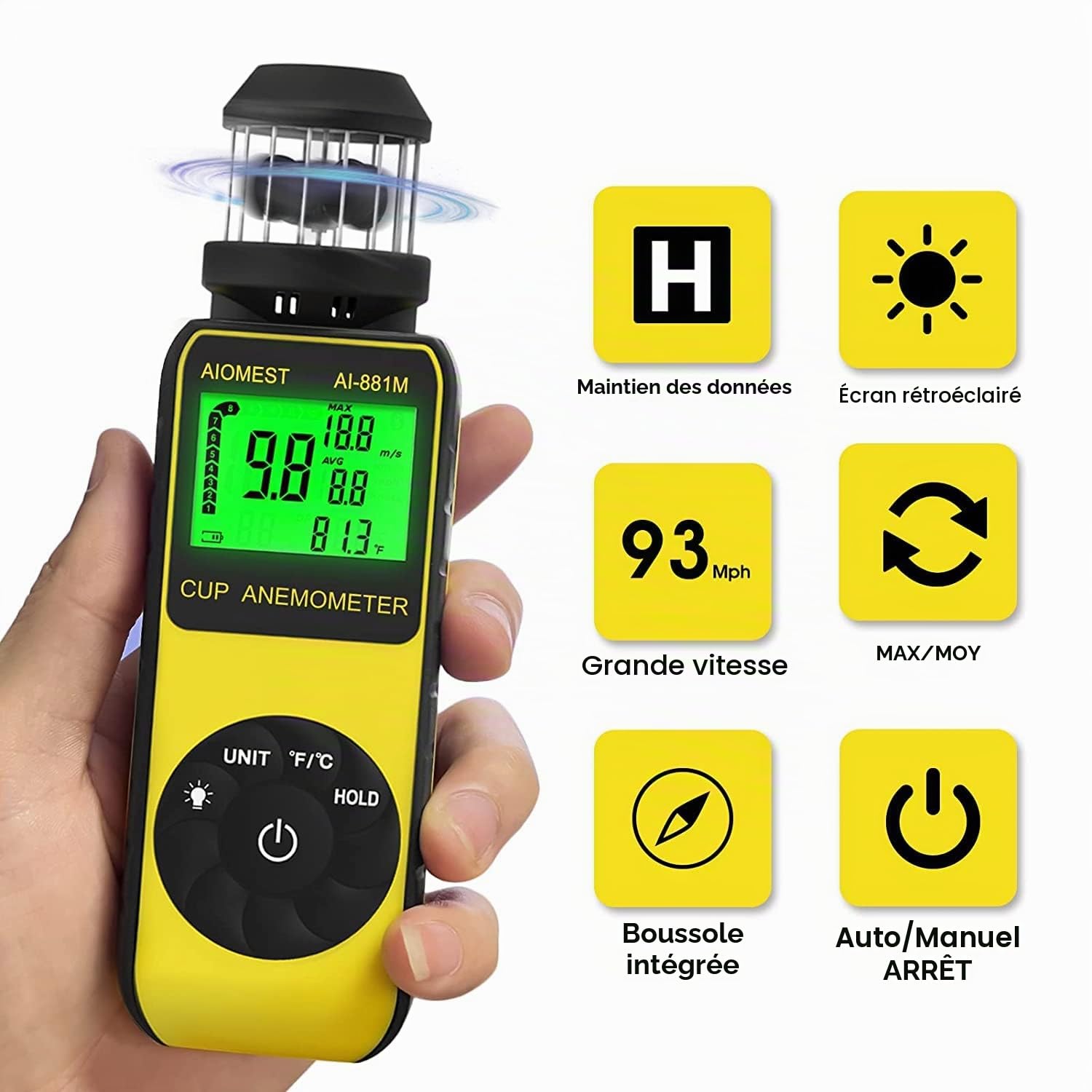Anémomètre Portable Extérieur Anemometre, AIOMEST Compteur de Vent Vitesse Numérique Mesureur de Vitesse du Vent 150 km/h Air Velocity, Température Pour Drone, Chasse, Voile et VMC, AI-881M Wind Meter