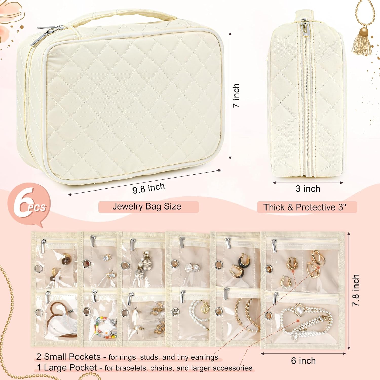 CEELGON Travel Jewelry Case Organizer and Storage Quilted Jewelry Pouch Box for Traveling Ring Necklace Earring Holder with Velvet Jewelry Binder Mini Portable Jewelry Bag (Beige)