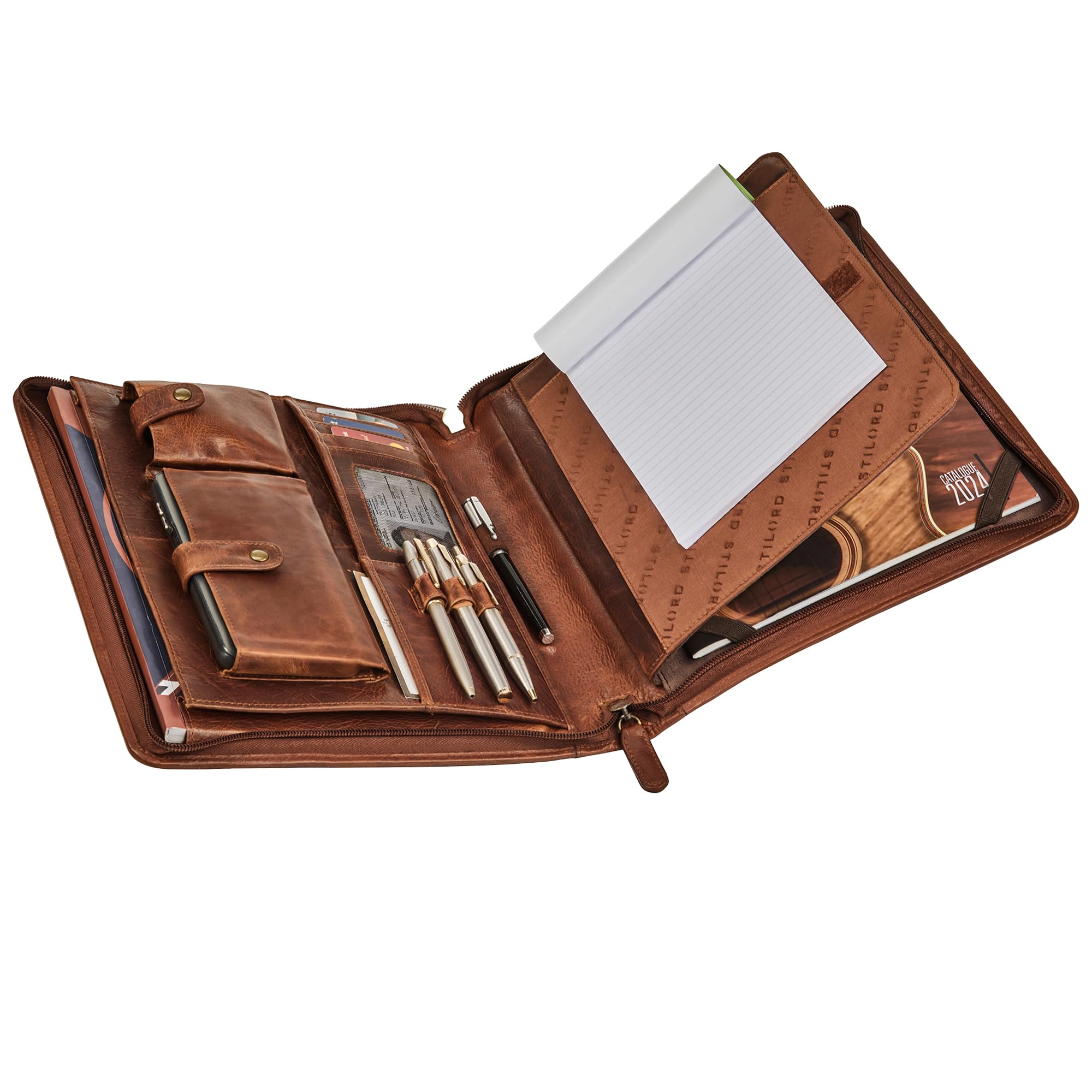 STILORD 'Wesley' Elegante Carpeta de Cuero A4 Portadocumentos Cognac con Cremallera - Gran Porta Documentos Piel Autentica Tablet de 13 Pulgadas para Oficina y Reuniones