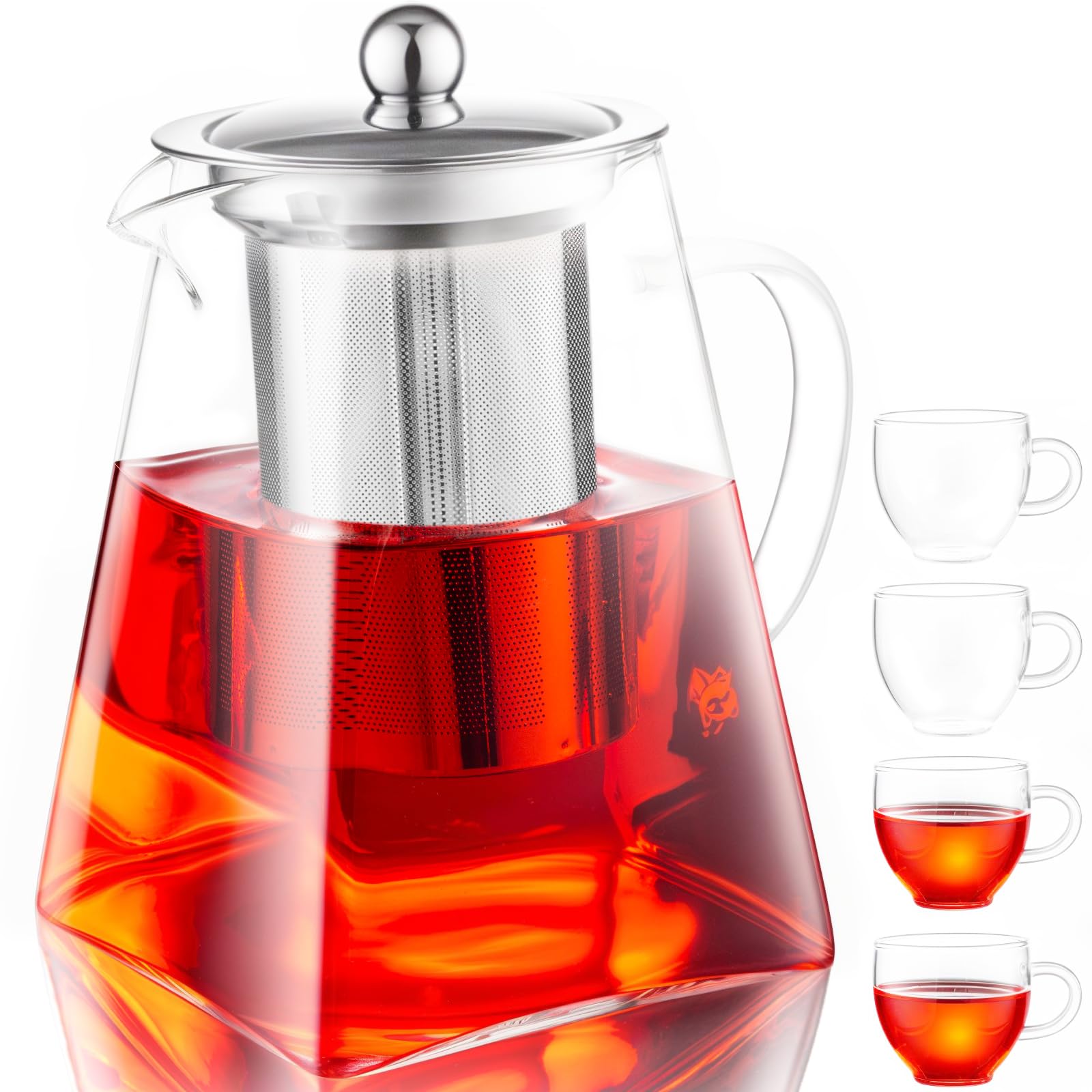Théière en verre et 4 tasses pour infusion de thé en feuilles