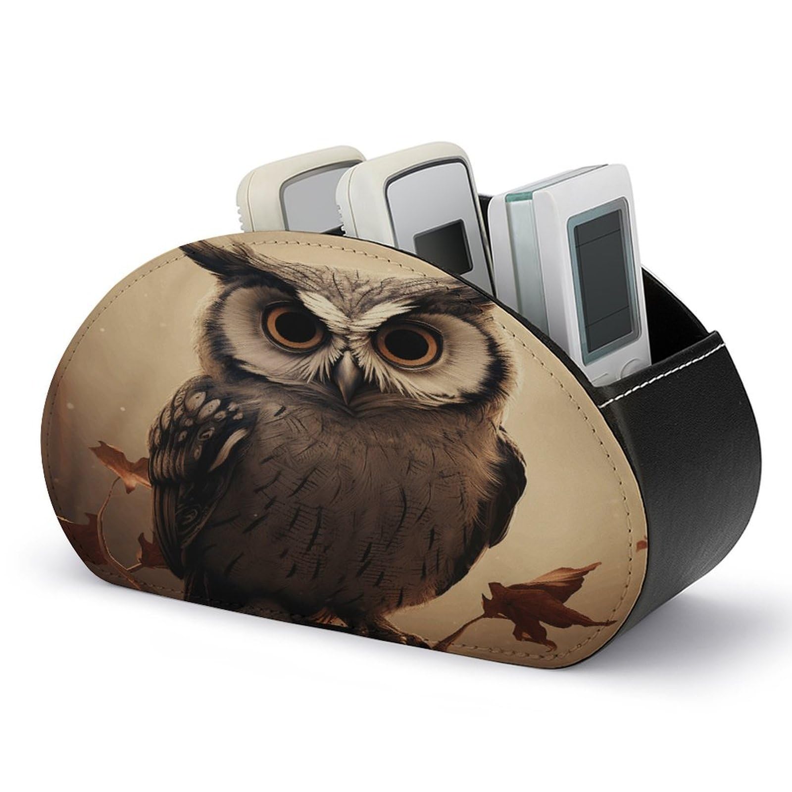 VstaDank Cute Owl Remote Control Holder Farmhouse TV Media Remote Storage Box with 5 Compartments PU Leather Remote Caddy Desktop Organizer for Home Bedside Table Organizer