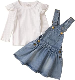 Conjunto de saia jeans suspensório de manga comprida para bebês meninas primavera inverno com babados para meninas