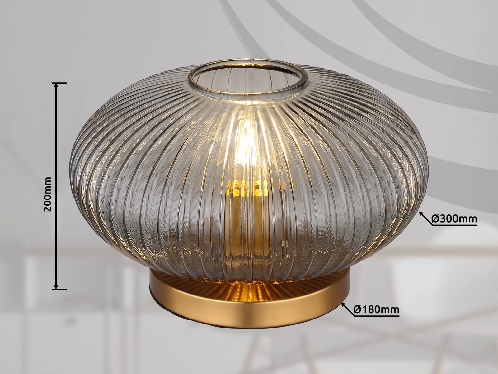 Ausgefallene Tischleuchte mit gerilltem Rauchglas Lampenschirm, Ø 30cm