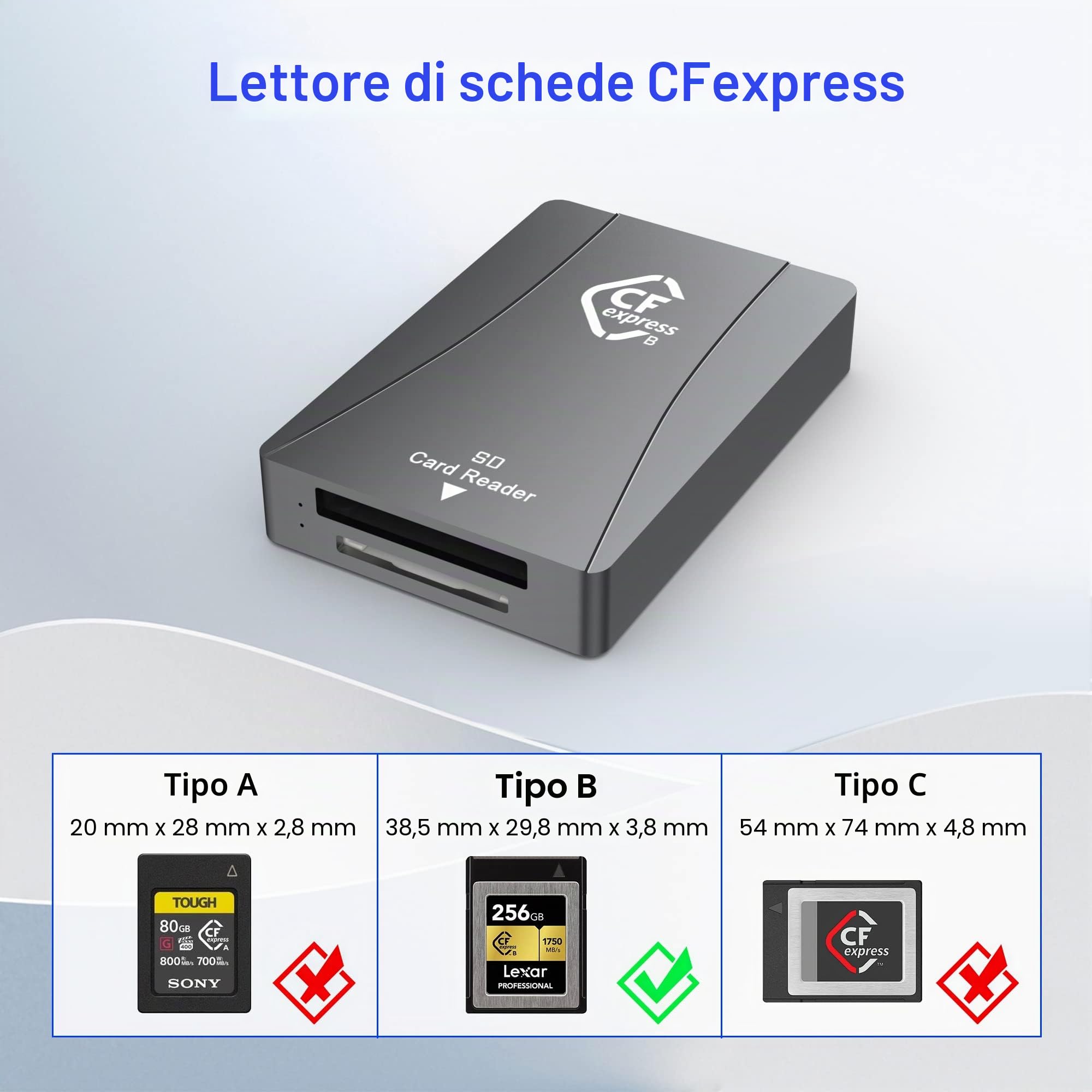 Lettore di schede 3 in 1 CFexpress tipo B/XQD/SD, 10 Gbps USB3.1 Gen2, alluminio, cavo USB-A/C, per Windows/Mac/Linux/Android