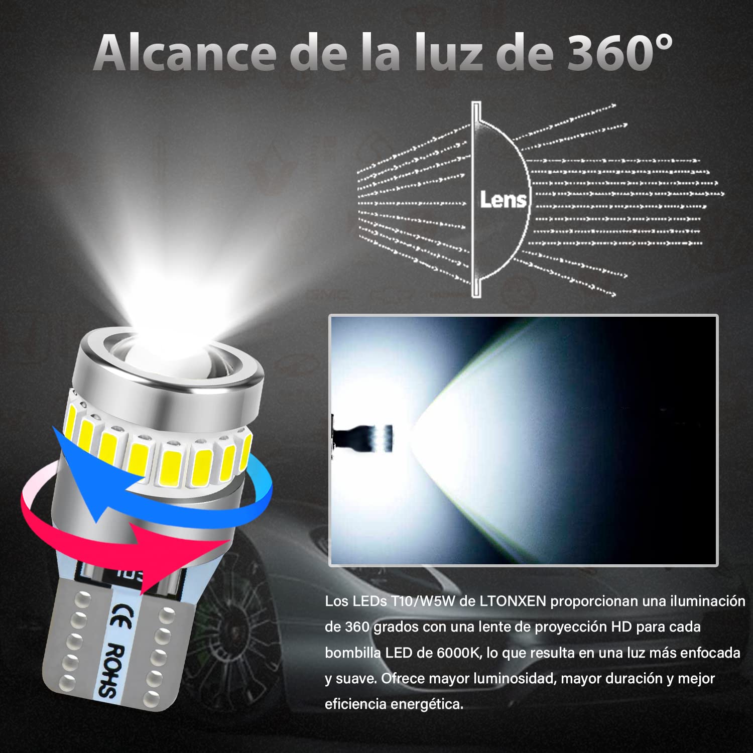 LTONXEN W5W T10 194 168 2825 LED Bombilla, para 12V 6000K Blanc luz Coche Interior Domo del Mapa de cortesía Puerta Luces de matrícula et Posición Luces. (2 Pcs)