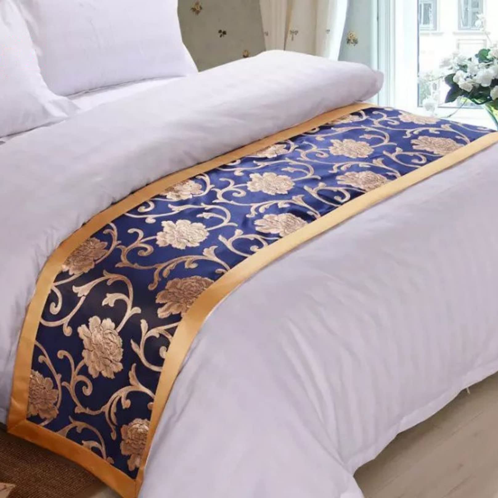 BiiKoon Bed Runner Hotel Bedding Protection Bed Scarf Flower Pattern Quilted Bed Flag Mat Bedclothes Decoration for Foot of Bed for Wedding Bedroom, Blue 180X50cm for 120cm bed