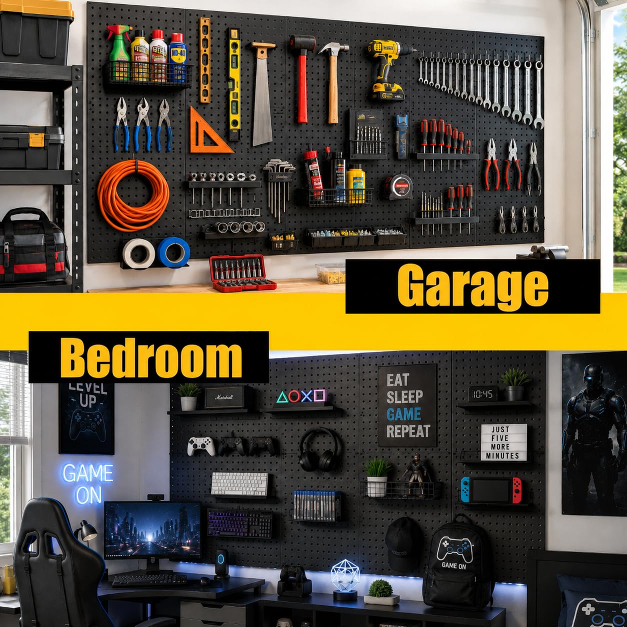 WallPeg Made in USA - zestaw organizerów ściennych do pegboardów - (PK-5B) - szerokość 122 cm - 2 panele Pegboard i 36 haczyków do tablic blokujących, organizacja garażu i organizer na narzędzia