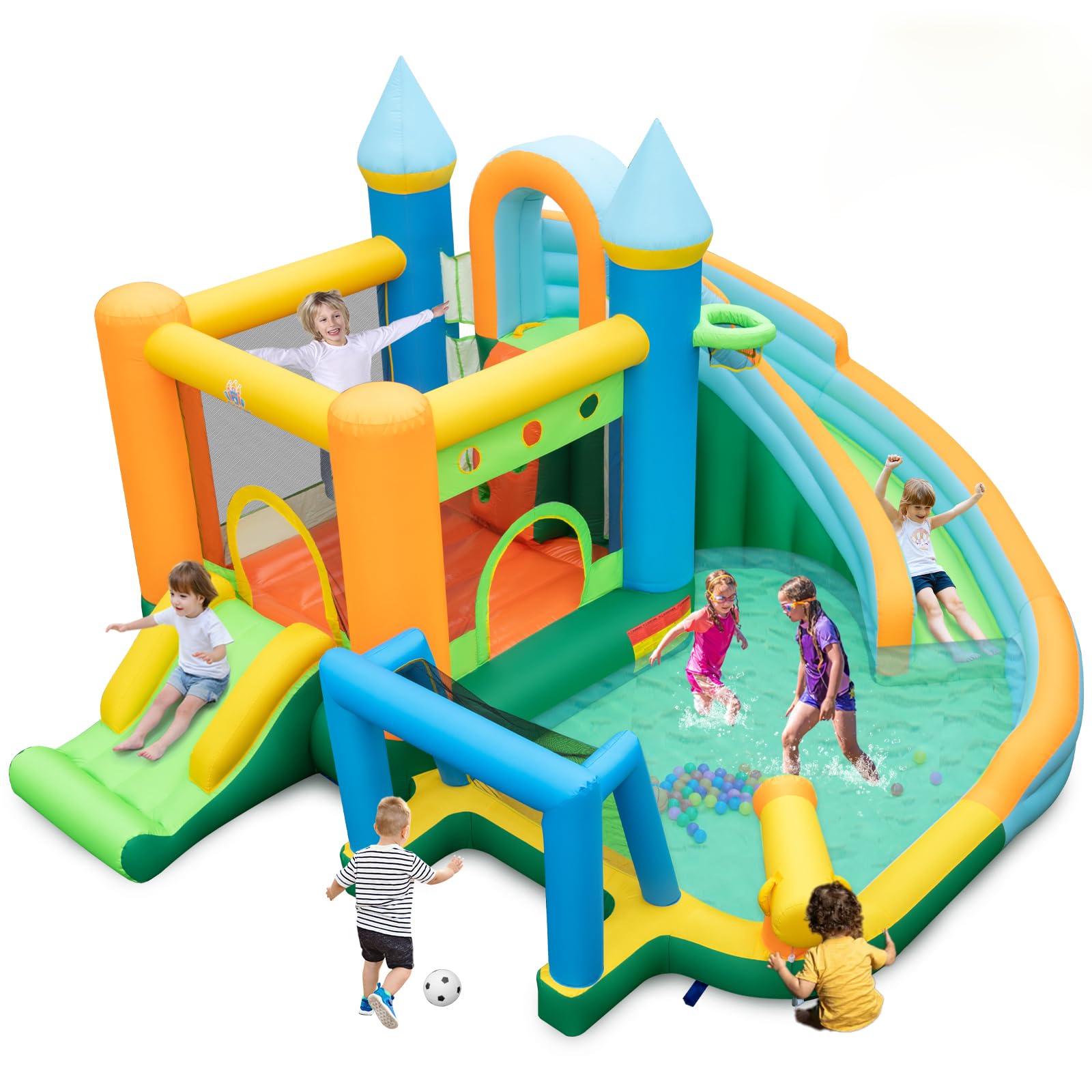 GOPLUS Castillo Hinchable Acuatico para Niños de 3-12 Años, Castillo Inflable 2 en 1 con Pared de Escalada, Cañón de Agua, Piscina, Baloncesto y Tobogán, Casa Inflables Infantil (A Sin Soplador)
