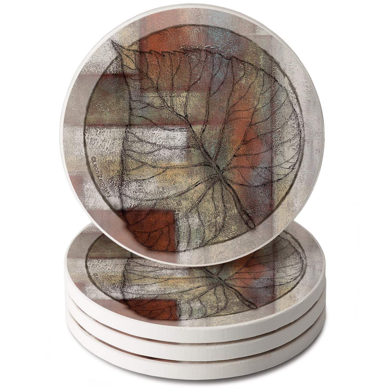 Thirstystone Leaf Whisper II 4 Pack Round Absorbent Stone Coasters with Protective Cork Backing Manufactured in the USA