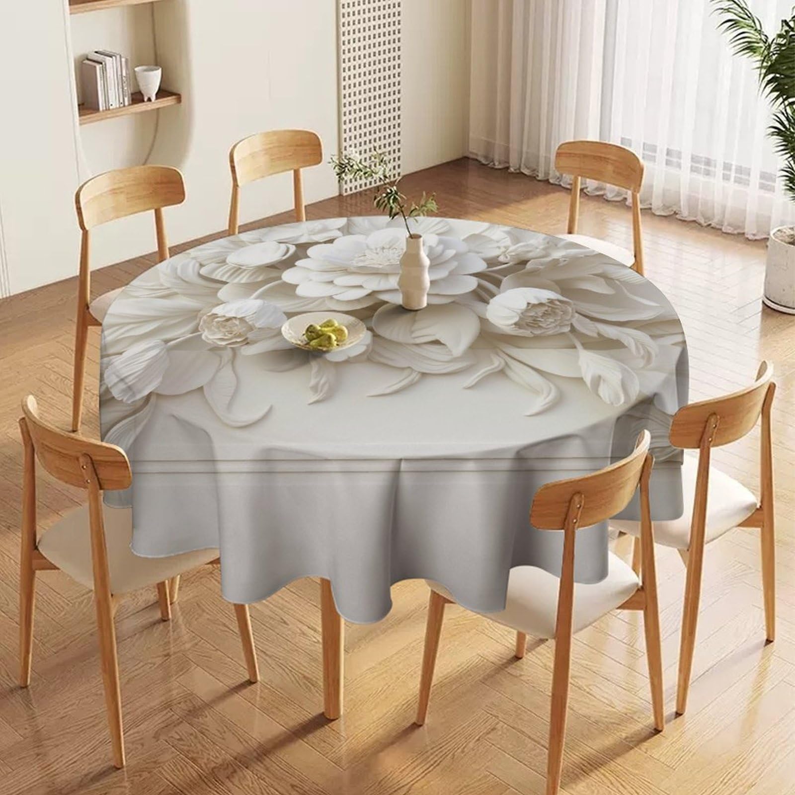 ORDOBO Round Table Cover -White Flowers 3D Print Waterproof Protect Table Cover Fashion Countertop Decoration For Kitchen Home Dinner 177X177Cm