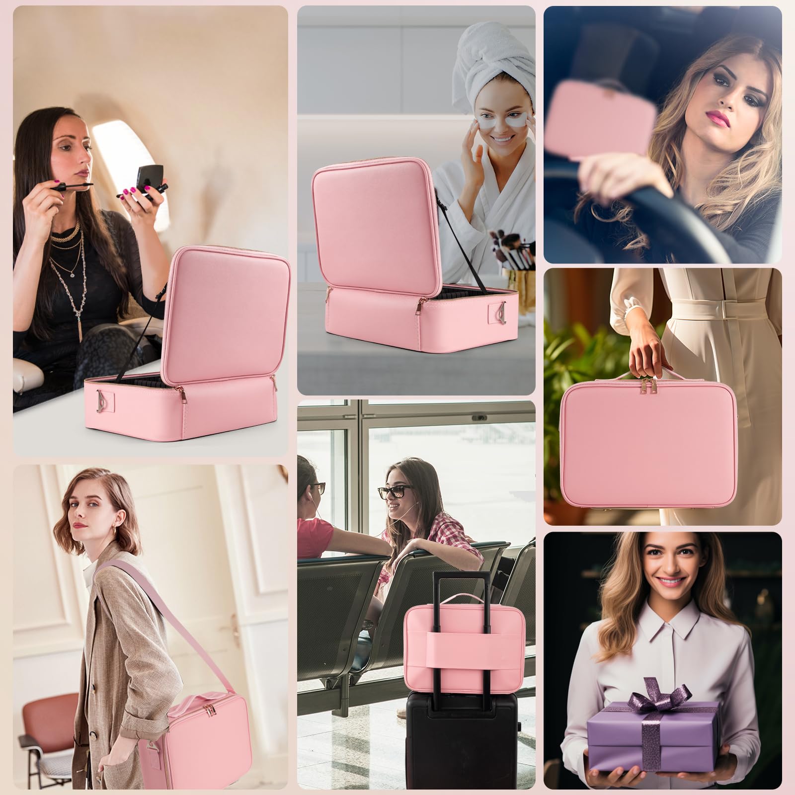 Large Makeup Bag with LED Mirror, Adjustable Dividers and Travel Straps