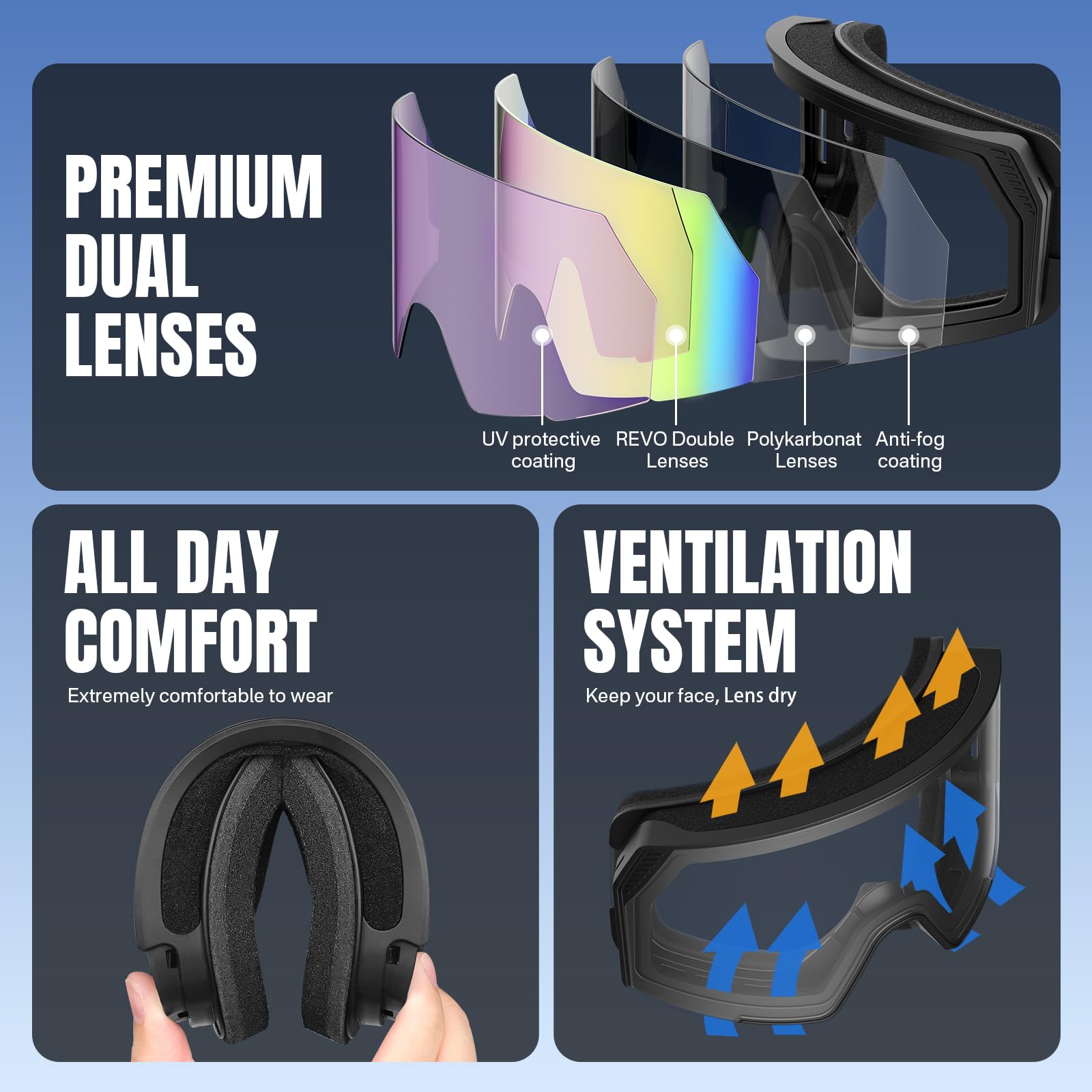 YOZISS Maschera da Sci uomo donna,OTG Maschera da Snowboard, Protezione UV400 Occhiali da Sci Snowboard, Occhiali da Motocross per ciclismo Equitazione Arrampicata Sci