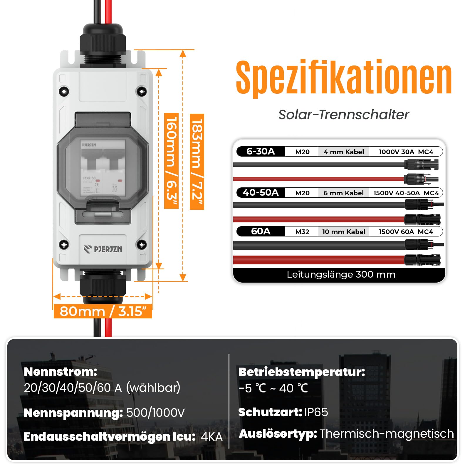 DC Trennschalter PV Anlage 1000V 40A 2P Sicherungsautomat mit Solarkabel | 2P Leitungsschutzschalter, thermomagnetisch, Kurzschluss, IP65, DIN Schiene, Kupferkontakte, Solaranlage, steckfertig