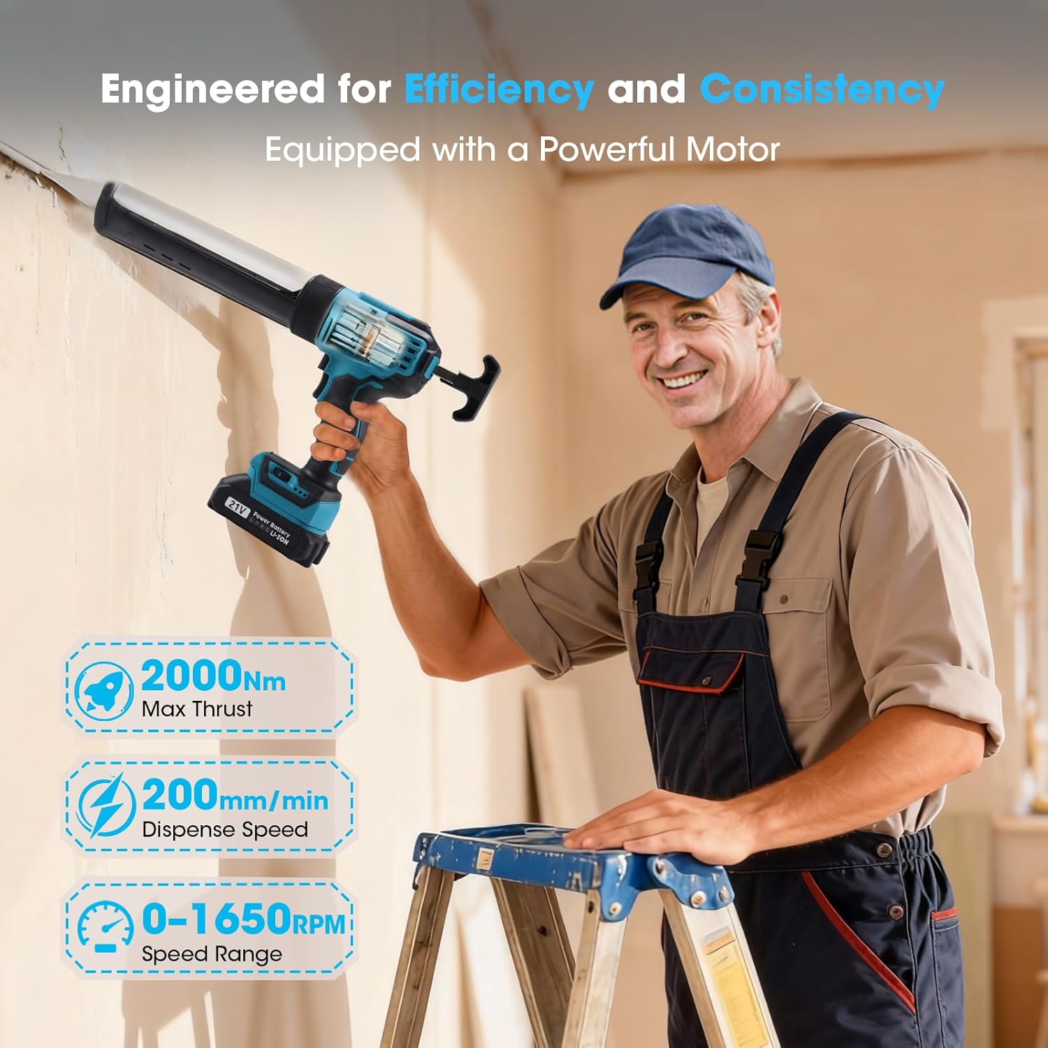 21V Cordless Electric Caulking Gun with Digital Display, 6 Speeds, Auto Retract & LED Light – Battery Powered Drip-Free Caulk Gun with 2×2.0Ah Batteries,14 Pcs Tools,10oz/300ml for Filling & Sealing