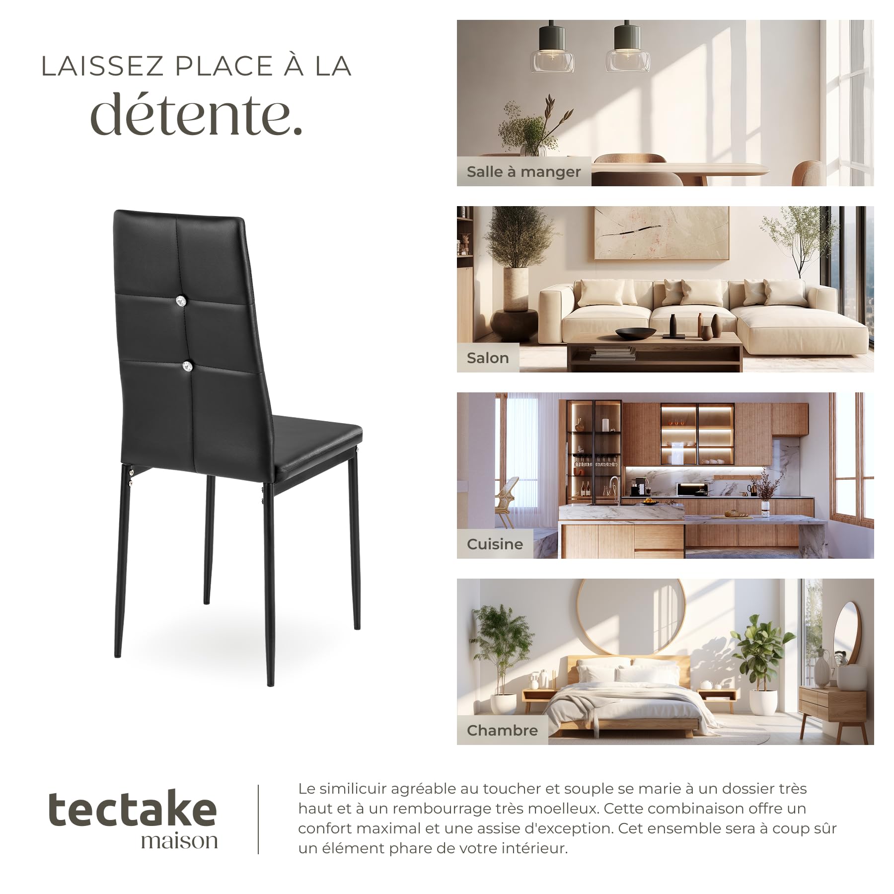 tectake® Lot de 6 Chaises de Salle à Manger Moderne Chaise Ergonomique Rembourrée Confortable Chaise Design en Cuir synthétique Meuble Salon avec Pieds en Acier pour Salon, Coiffeuse, Chambre