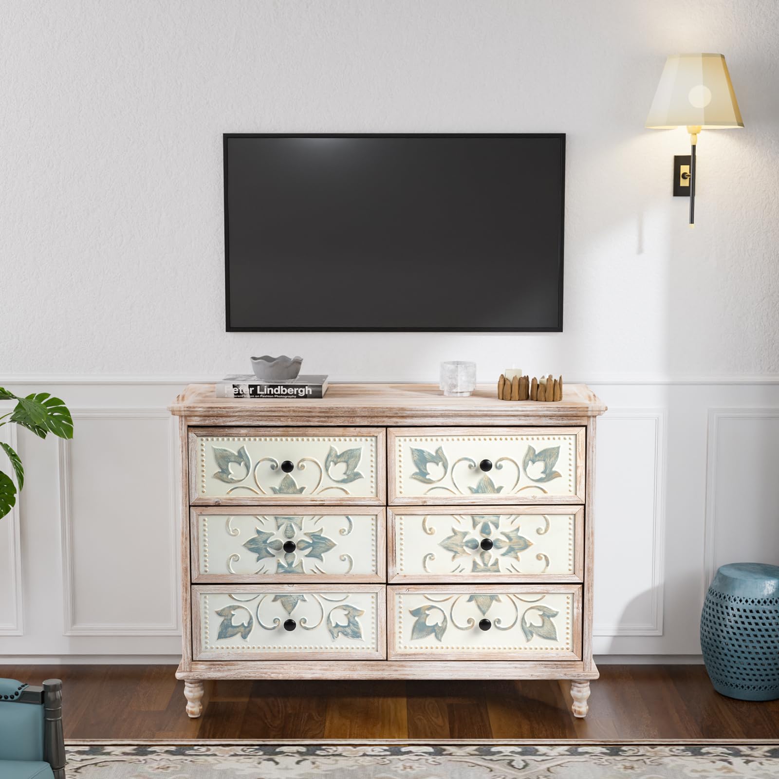 Amazon.com: VINGLI 6 Drawer Dresser, Boho Dresser with Carved Flower Pattern  Drawers & Solid Wood Leg, Washed White Dresser Chest of Drawers : Home &  Kitchen