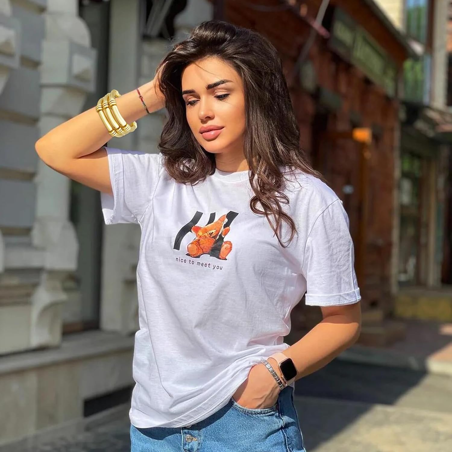 YBMYCM 5PCS Gold Chunky Bangles Bracelets for Women Plated Stackable Layered Curved Bamboo Tube Stretch Bracelets Bangle Gift Jewelry - Image 5