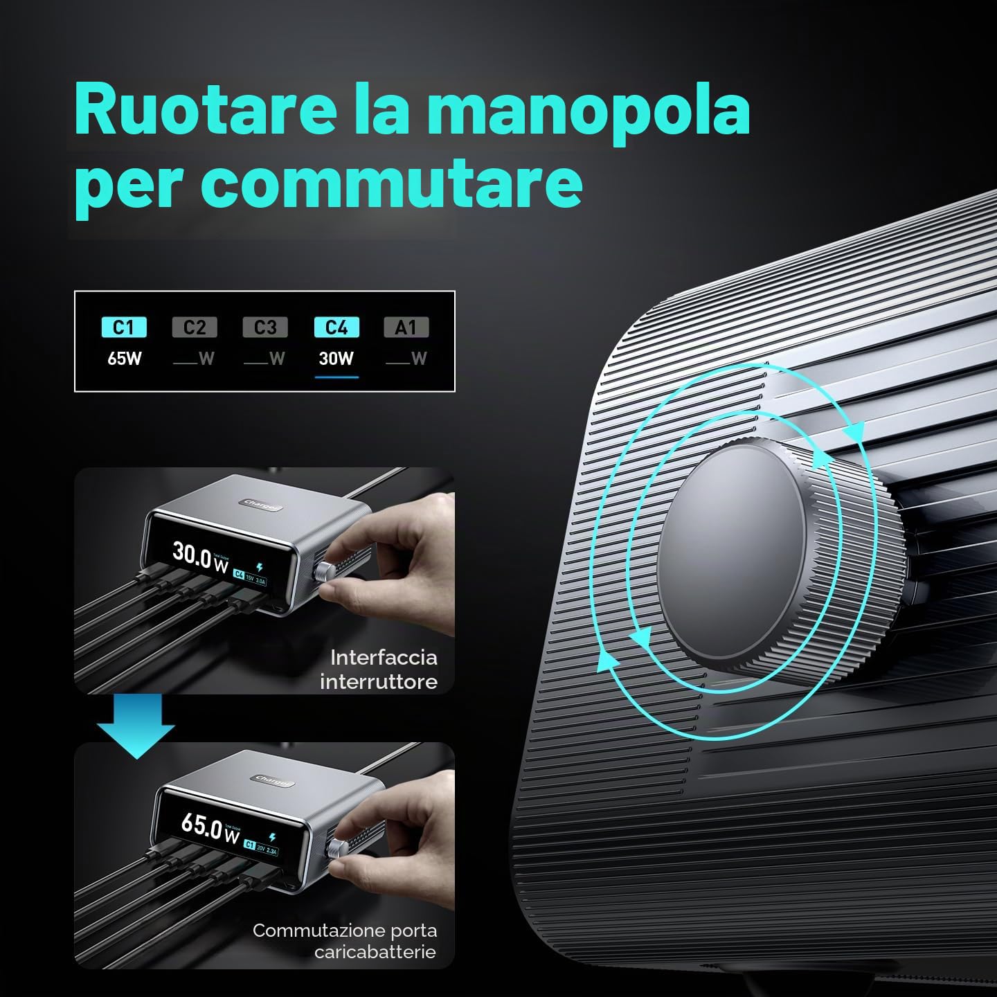 Stazione di ricarica desktop intelligente, stazione di ricarica USB C GaN3 da 100W, ultraveloce a 5 porte, USB C con PD3.0 da 100W, QC3.0, display LCD da 2,25" e quadrante di controllo intelligente